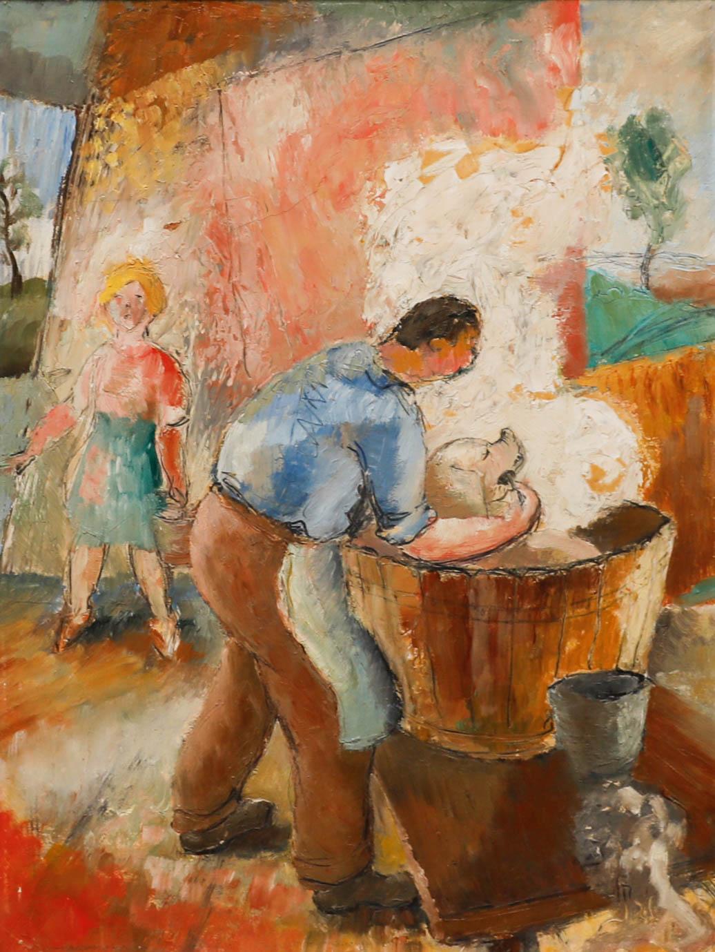 Major Richard 'Dick' Heseltine M.C. (1914-2012) - Öl, ein Schwein verbrüht 83 – Painting von Unknown