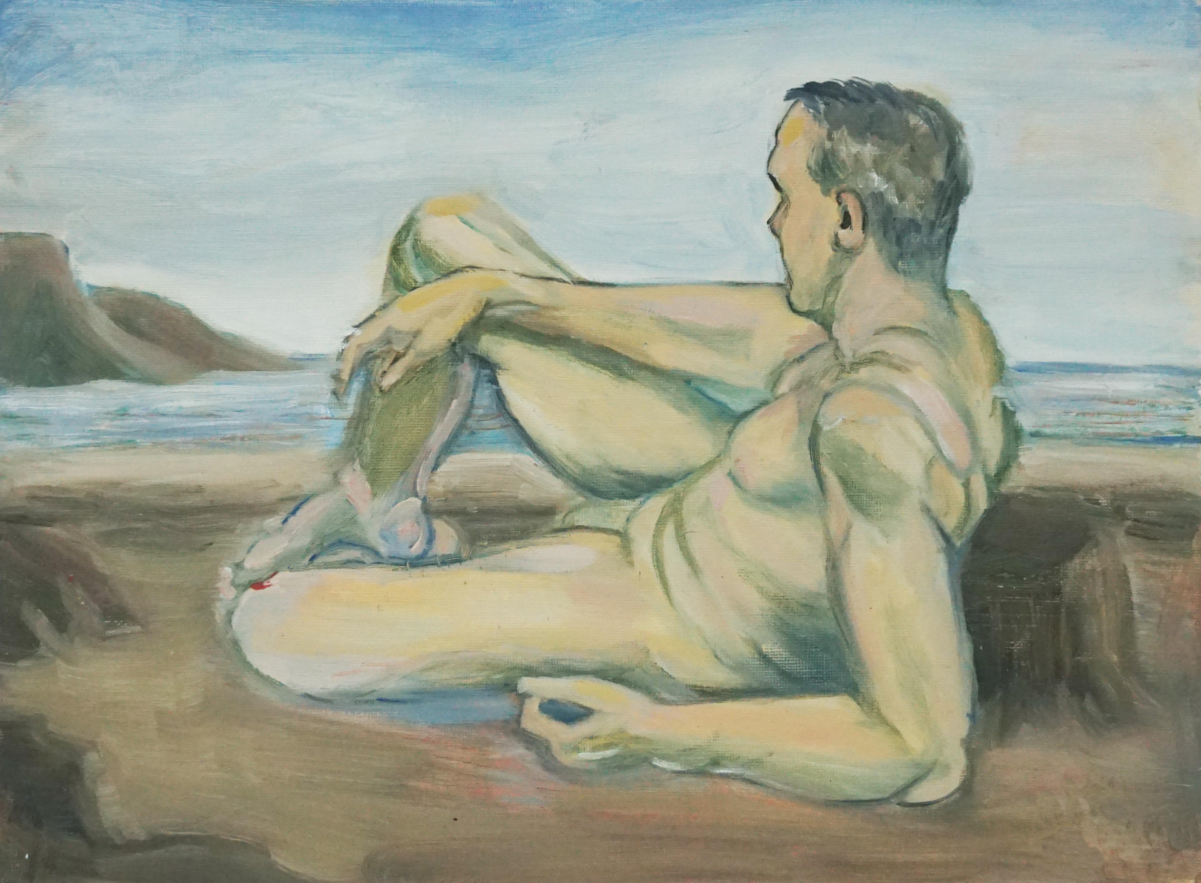 Unknown Nude Painting - Male Nude at the Beach Carmel 