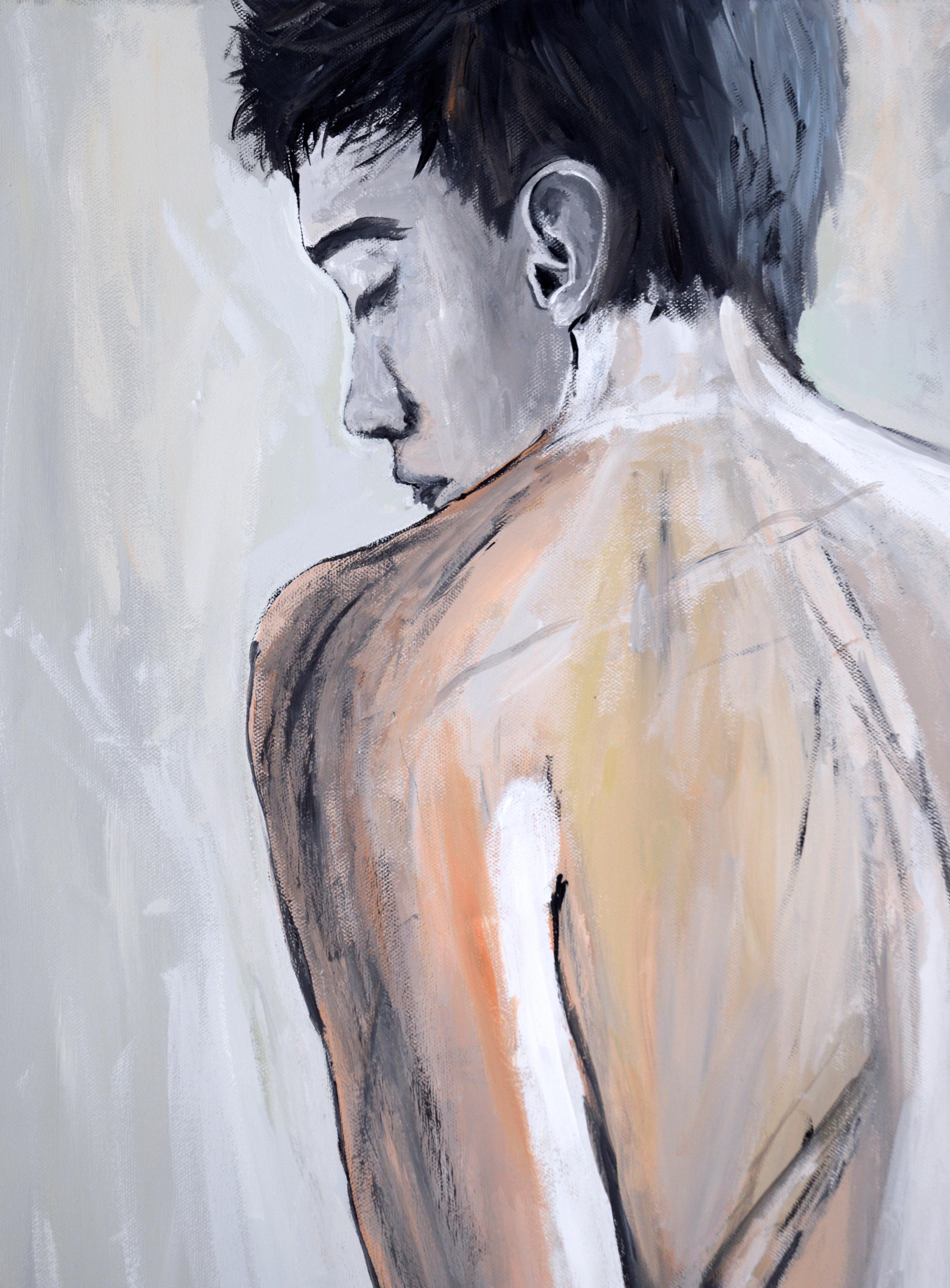 In this delicate and expressive oil painting, a nude male stands with his backside to the viewer. Notably, the model looks over his left shoulder as his left hand grips the back of his thigh.  Artwork is rendered in a soft palette of peach and gray