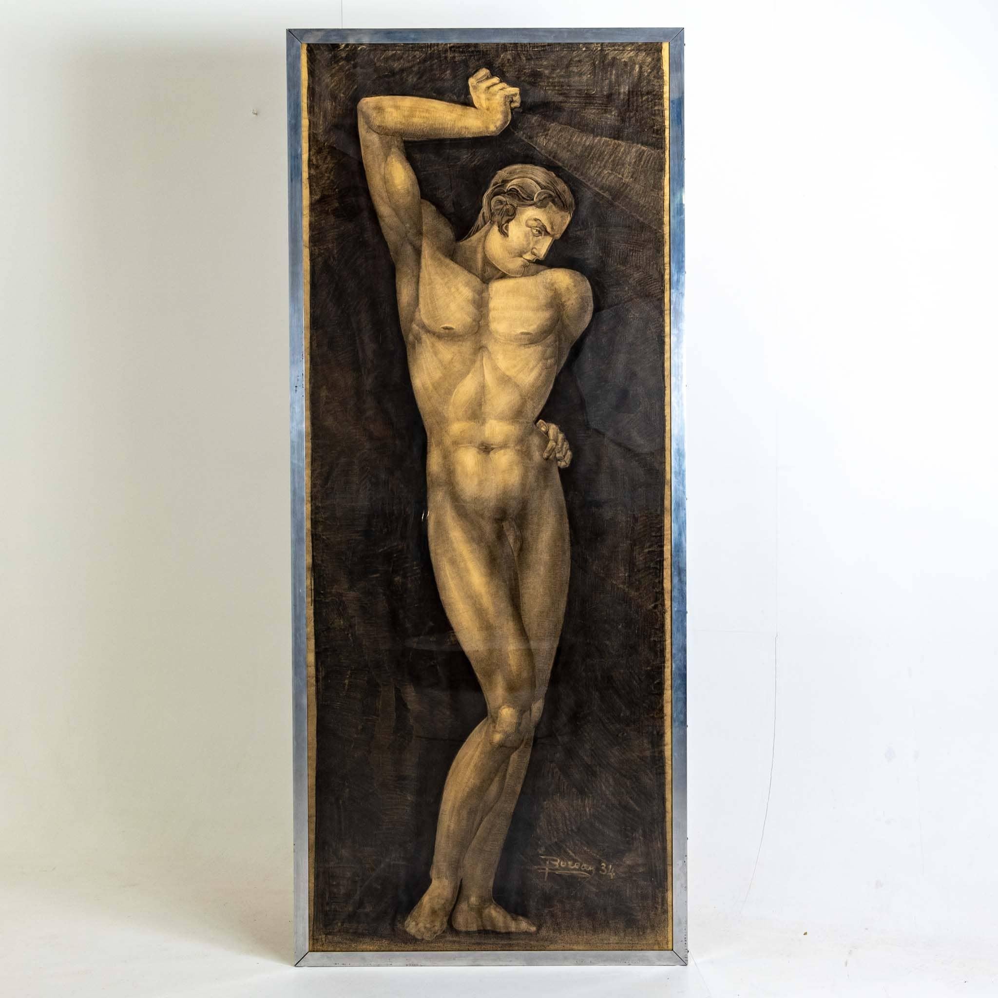 Male Nude, signed Bureau, probably France 1934 - Art Deco Painting by Unknown
