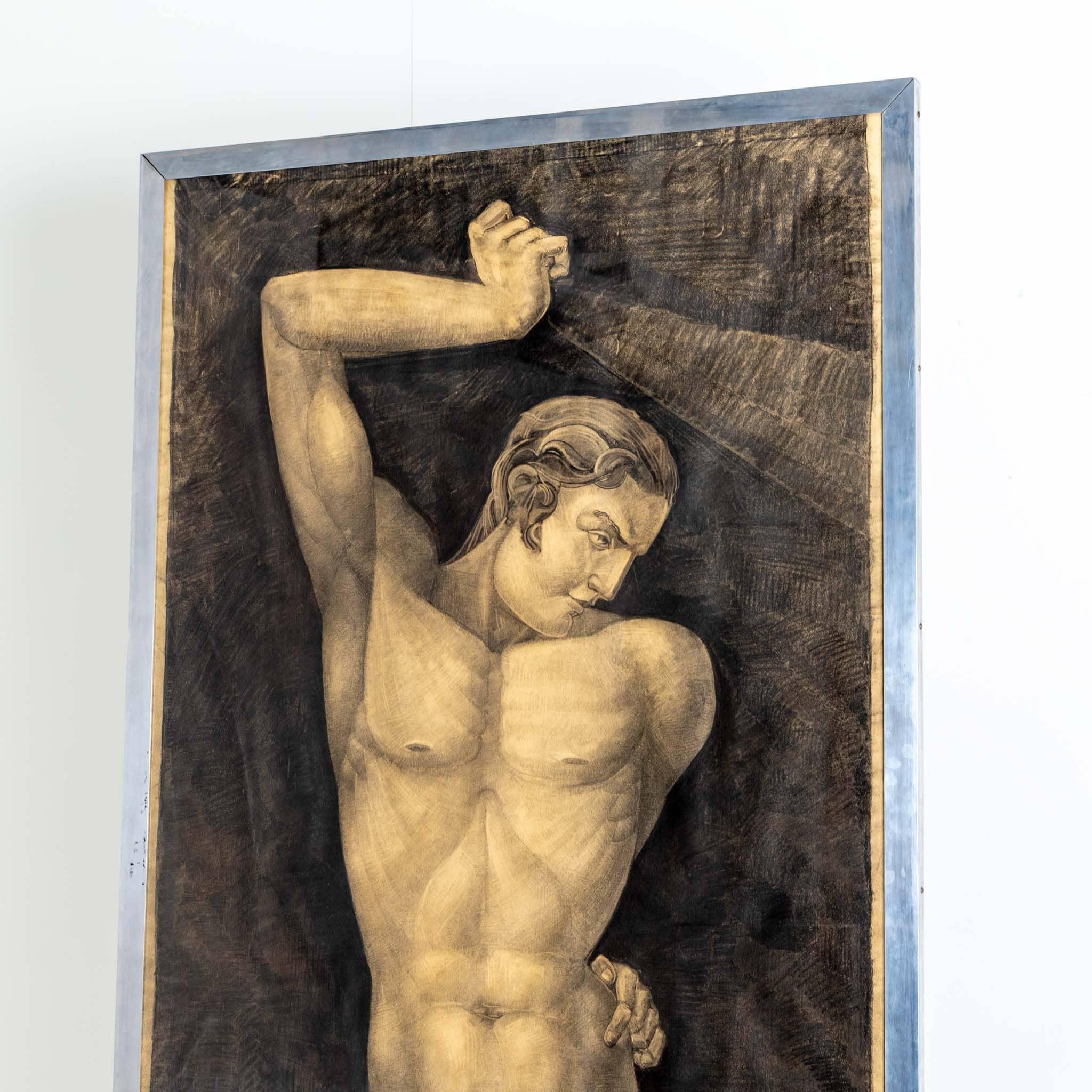 Larger-than-life depiction of a male nude in the style of Art Deco. Signed and dated lower right 