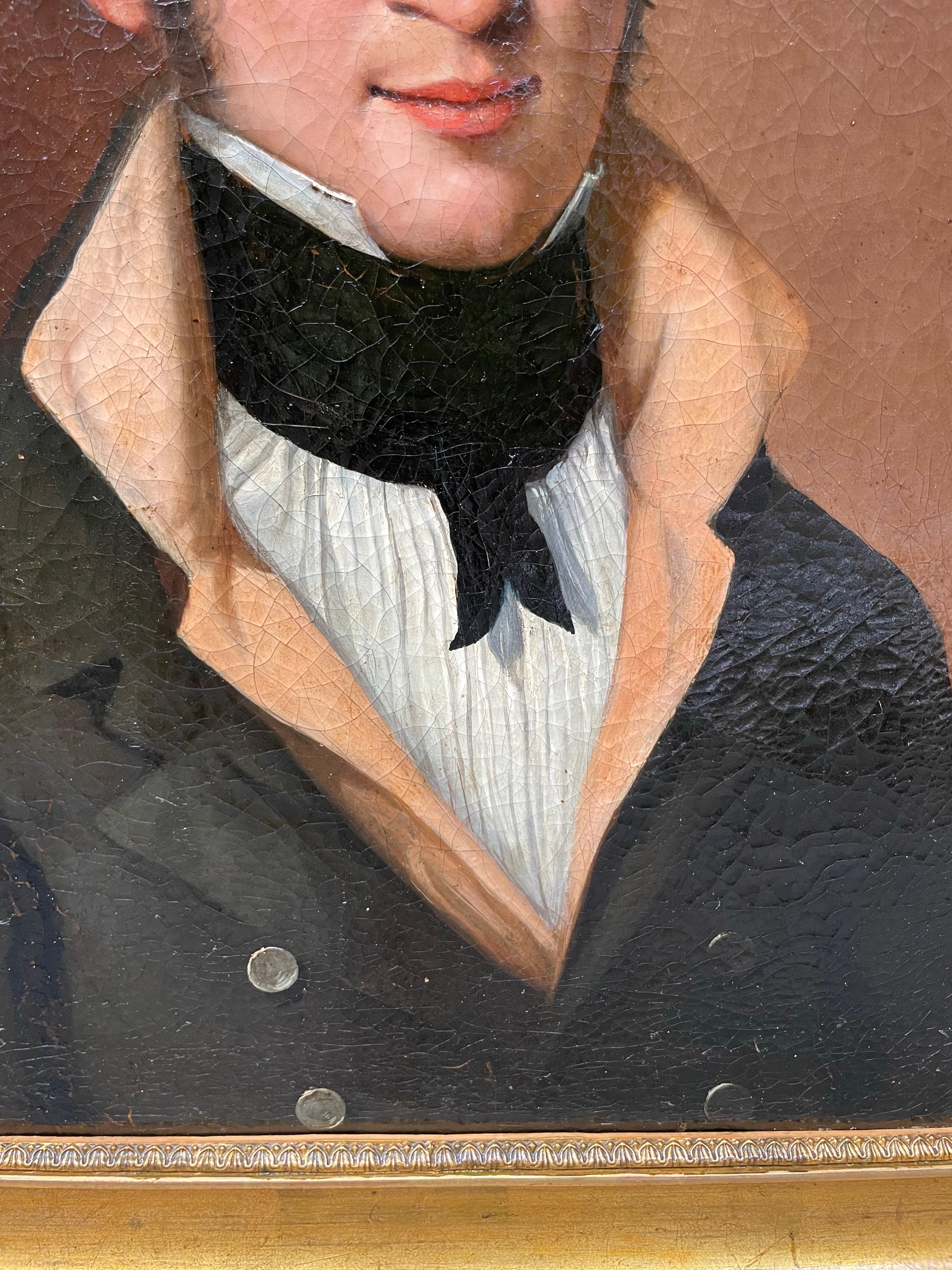 Male Portrait, 1810–1820, Young Man with High Collar and Black Cravat - Brown Portrait Painting by Unknown