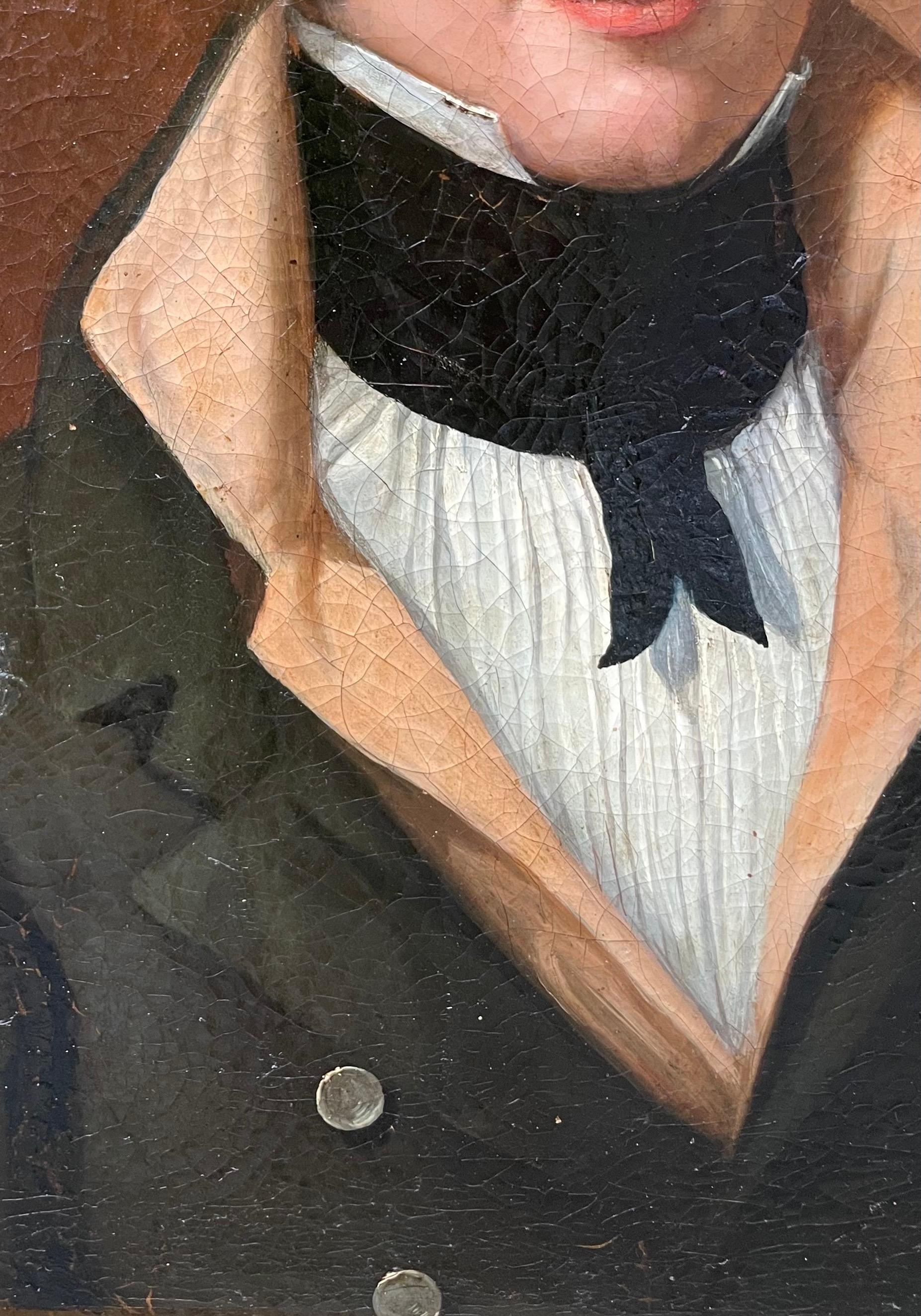 Male portrait, 1810–1820, dark-haired young man with high collar and black cravat

Oil on canvas, 50 × 61 cm; with frame 62 × 72 cm
French/spanish school. 

Early 19th-century portrait of a dark-haired young man, painted on its original canvas with