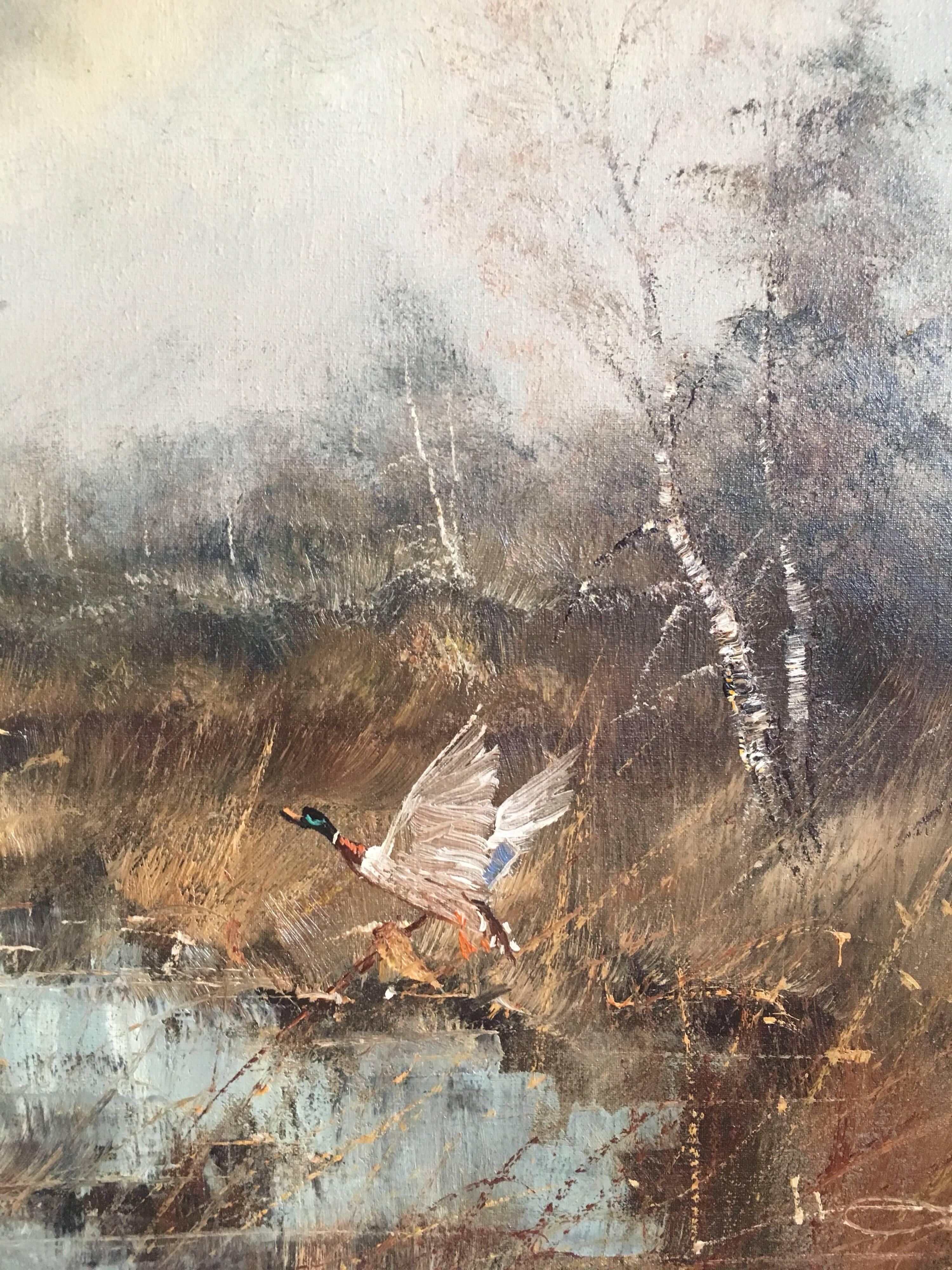 Mallards Taking Flight, British Countryside, Signed Oil - Painting by Unknown