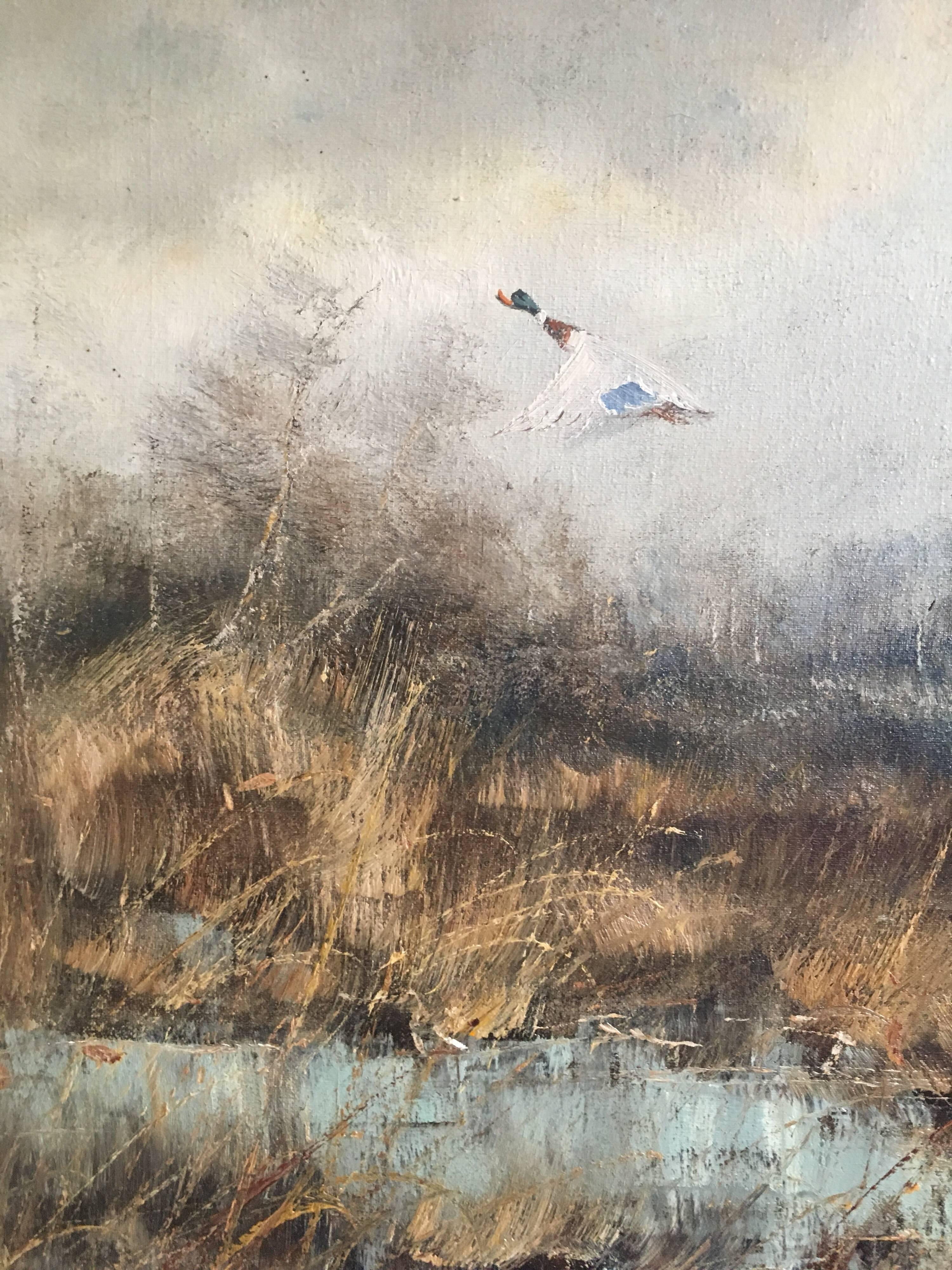 Mallards Taking Flight, British Countryside, Signed Oil - Impressionist Painting by Unknown