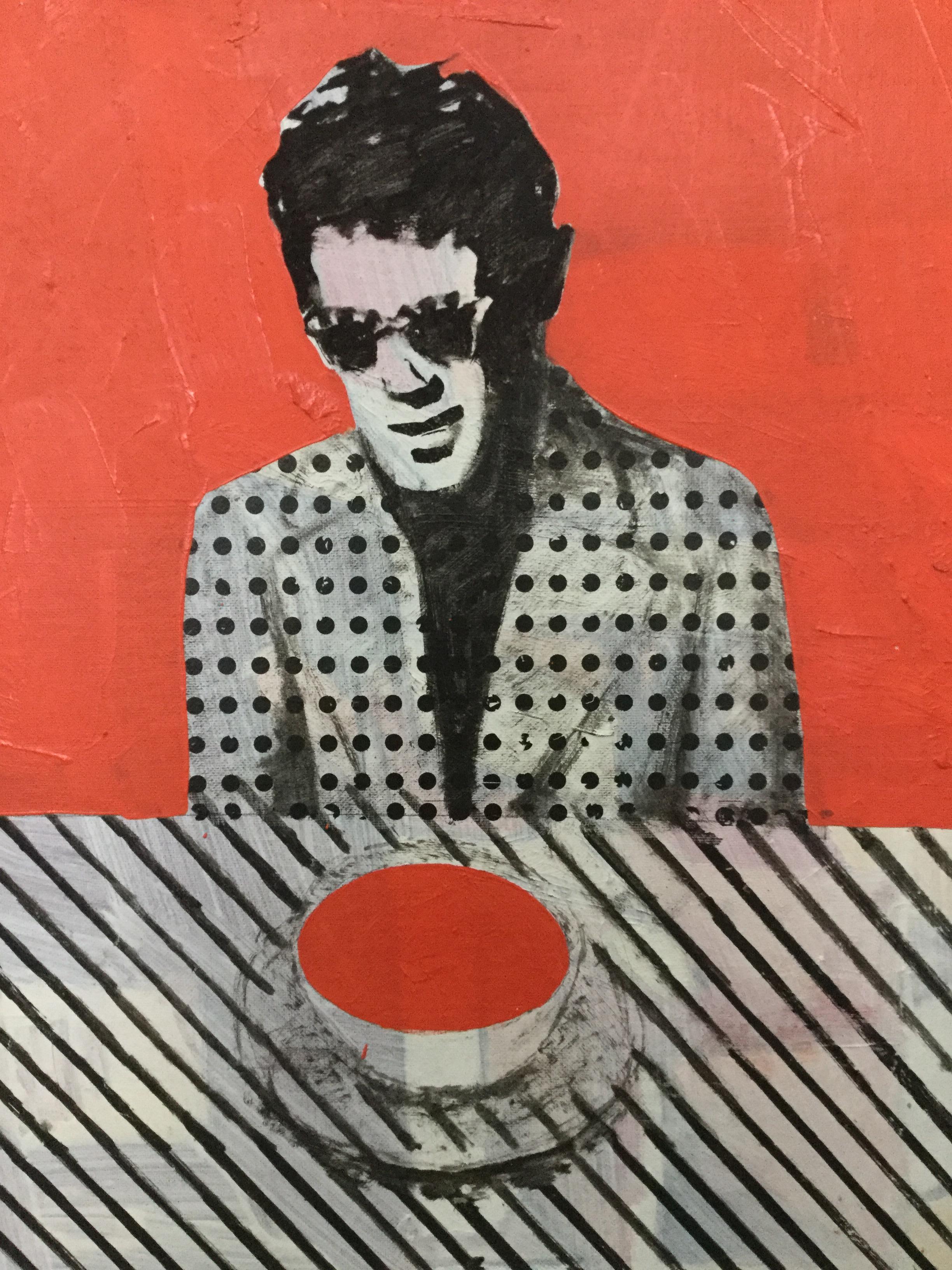 man at red table red abstract red figurative - Orange Portrait Painting by Unknown