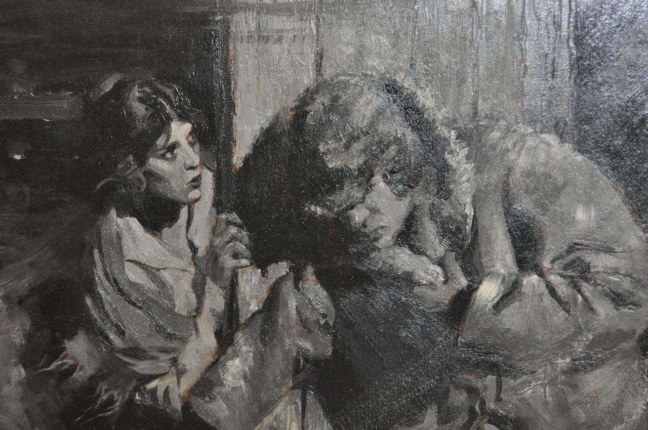 Ein monochromes Gemälde von Thornton Skidmore, das zwei Figuren in einem rustikalen Interieur zeigt. Die Arbeiten zeichnen sich durch eine kühne Pinselführung und starke Kontraste aus, wobei auf Textur und Form geachtet wird. Ein schönes Beispiel