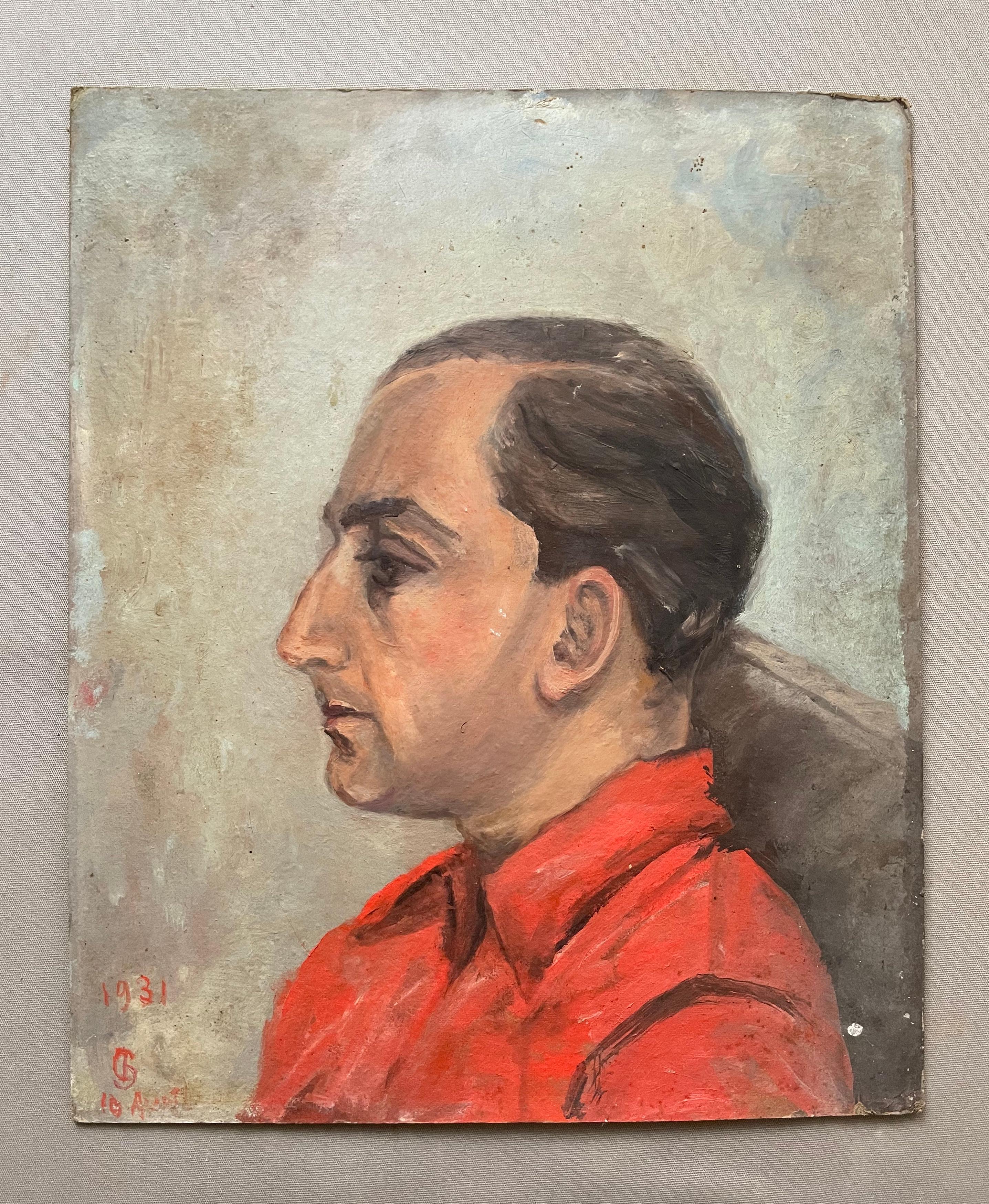 Man In Profile, Öl auf Karton, Monogrammiert und datiert 1931 – Painting von Unknown