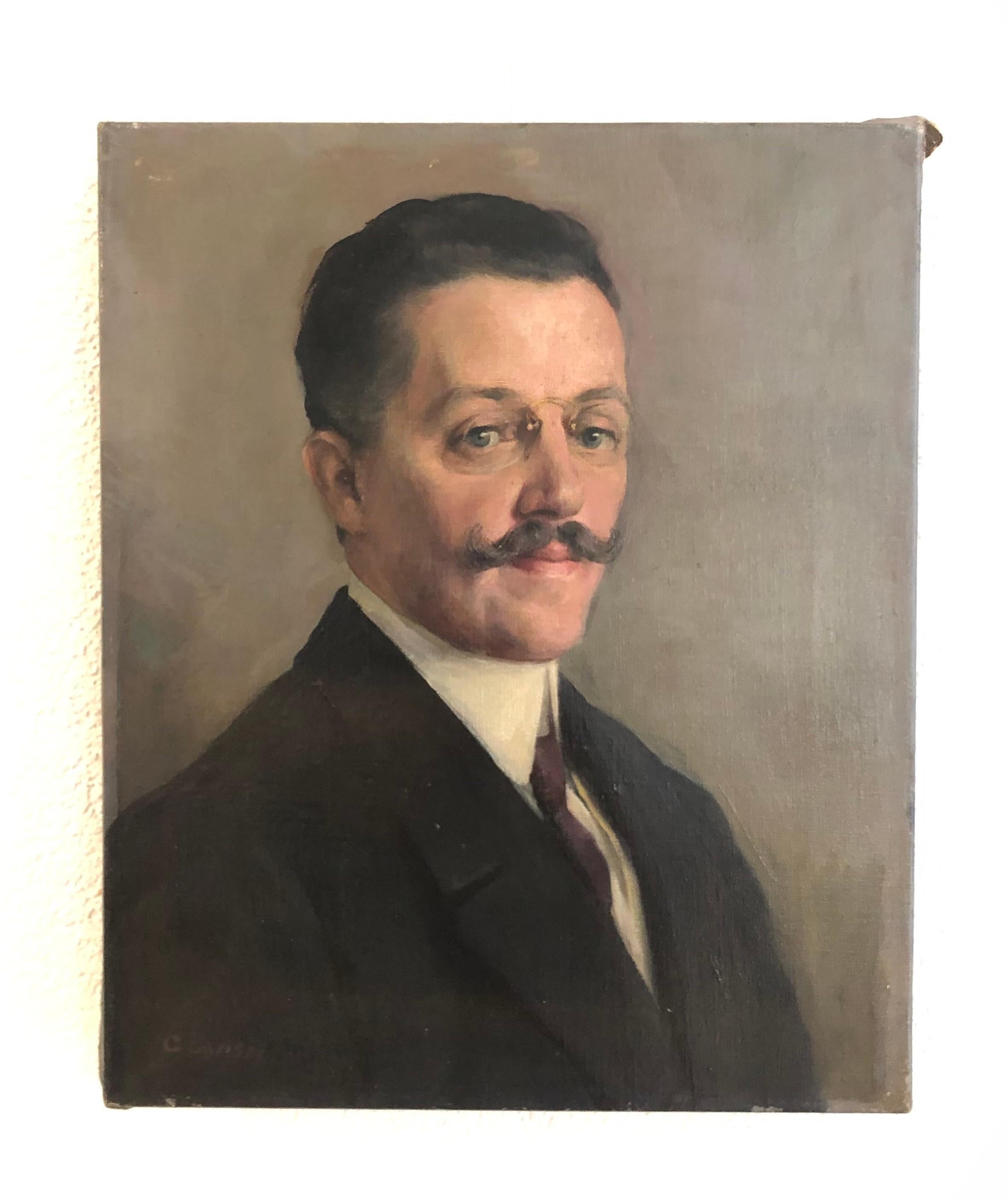 Mann mit Schnurrbart und Gläsern – Painting von Unknown