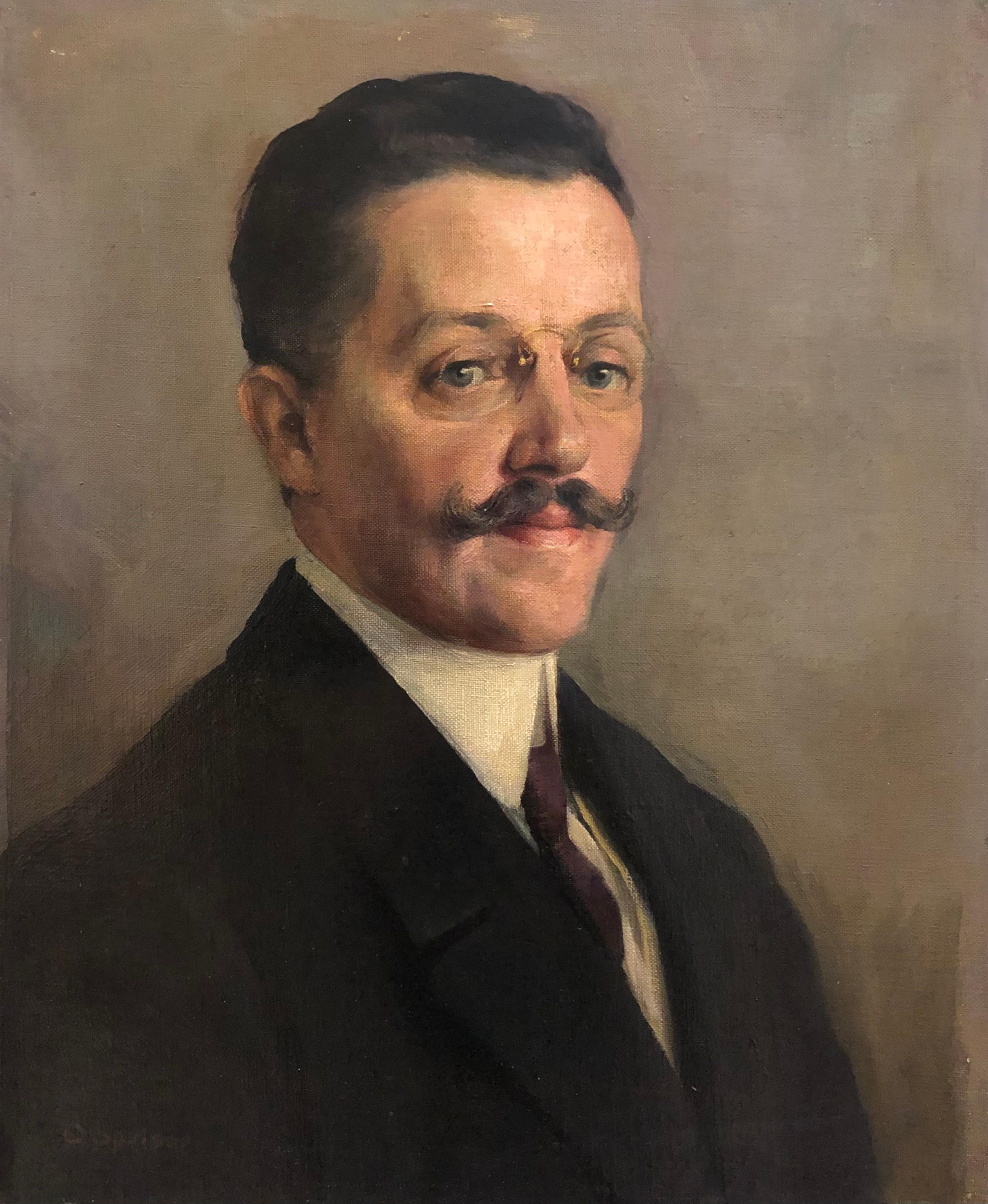 Unknown Portrait Painting - Man with mustache and glasses