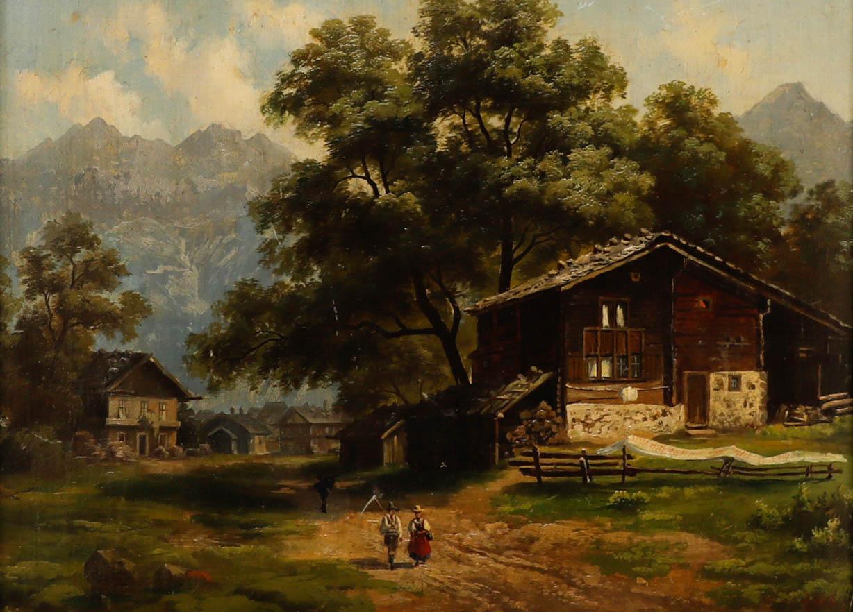 Maniero di Abraham Hulk Junior - Olio della fine del XIX secolo incorniciato, Villaggio alpino - Painting di Unknown