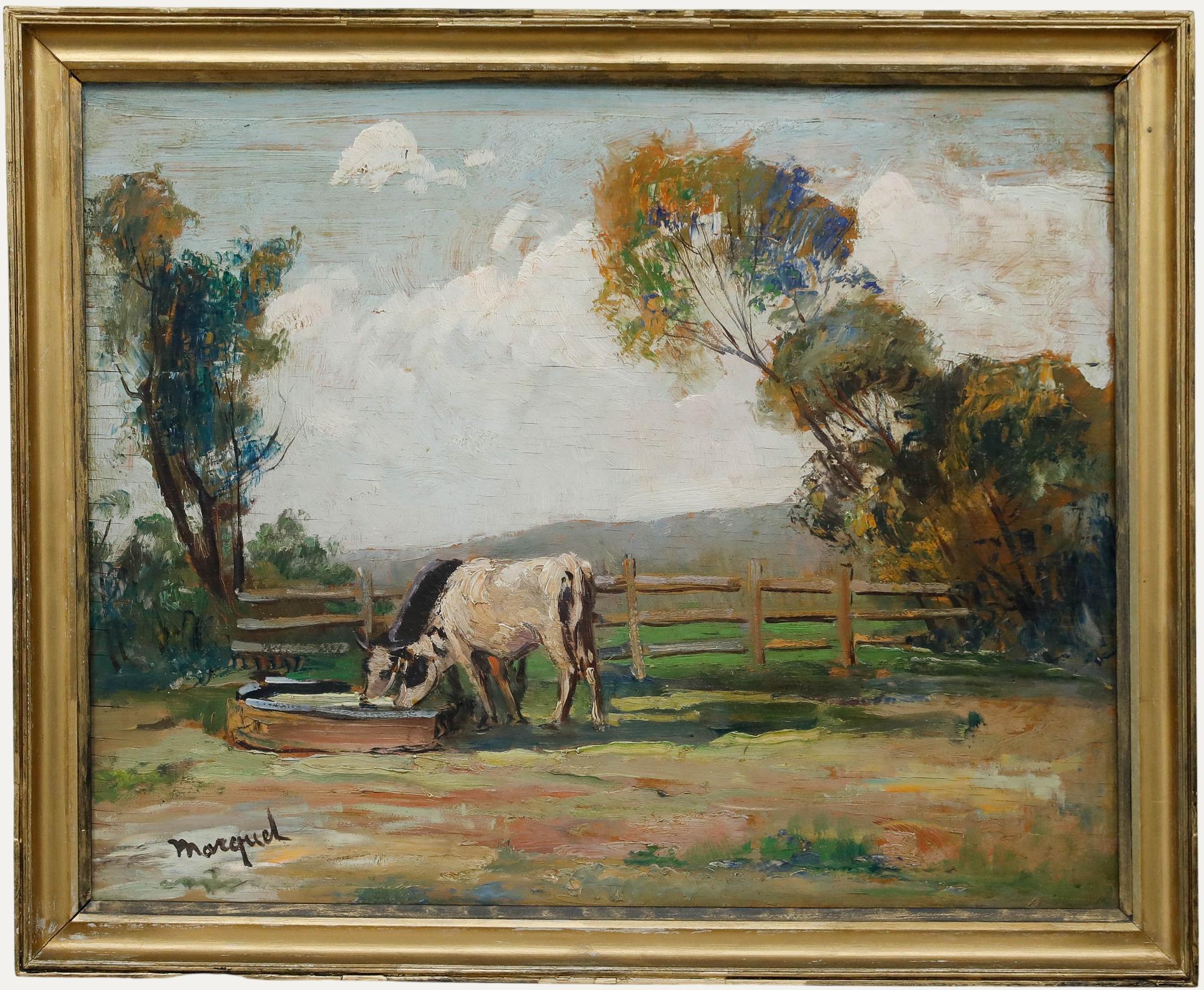 Animal Painting di Unknown - Maniera di Albert Marquet (1875-1947) - Olio della metà del XX secolo, Mucche all'abbeveratoio