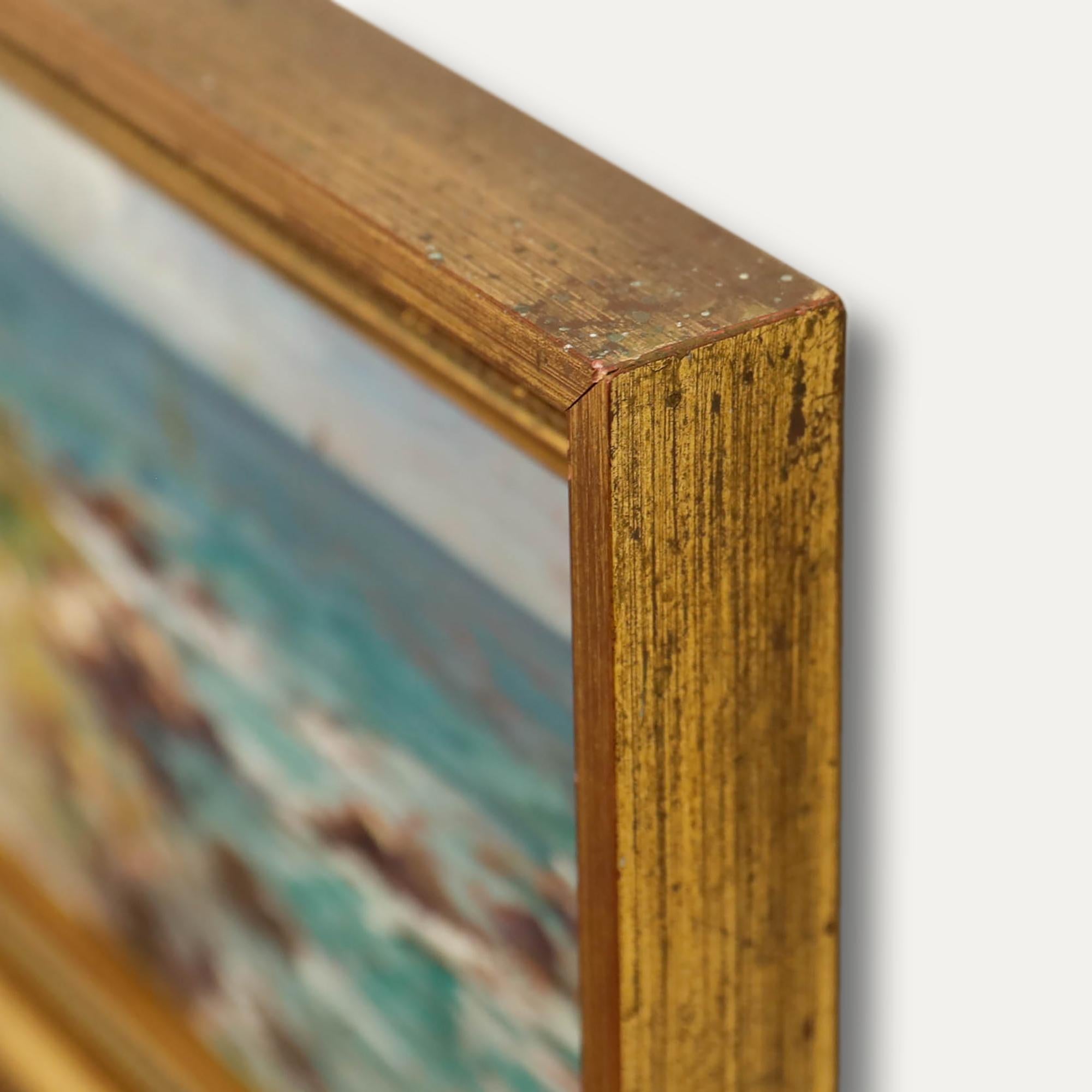 Cette scène côtière sereine capture la beauté sauvage d'un rivage rocheux rencontrant la vaste étendue de la mer. Les coups de pinceau libres de l'artiste et sa palette vibrante traduisent efficacement l'interaction dynamique entre la terre et