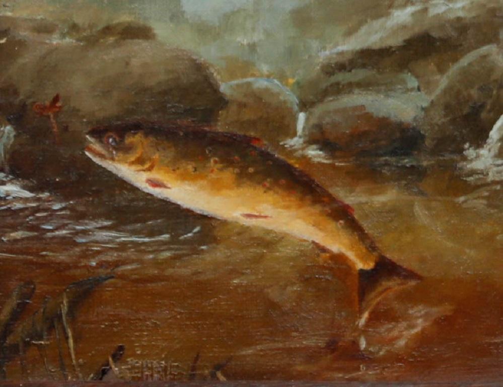 Maniera di Arthur Knight - Olio d'arte popolare dei primi del Novecento, trota bruna - Painting di Unknown