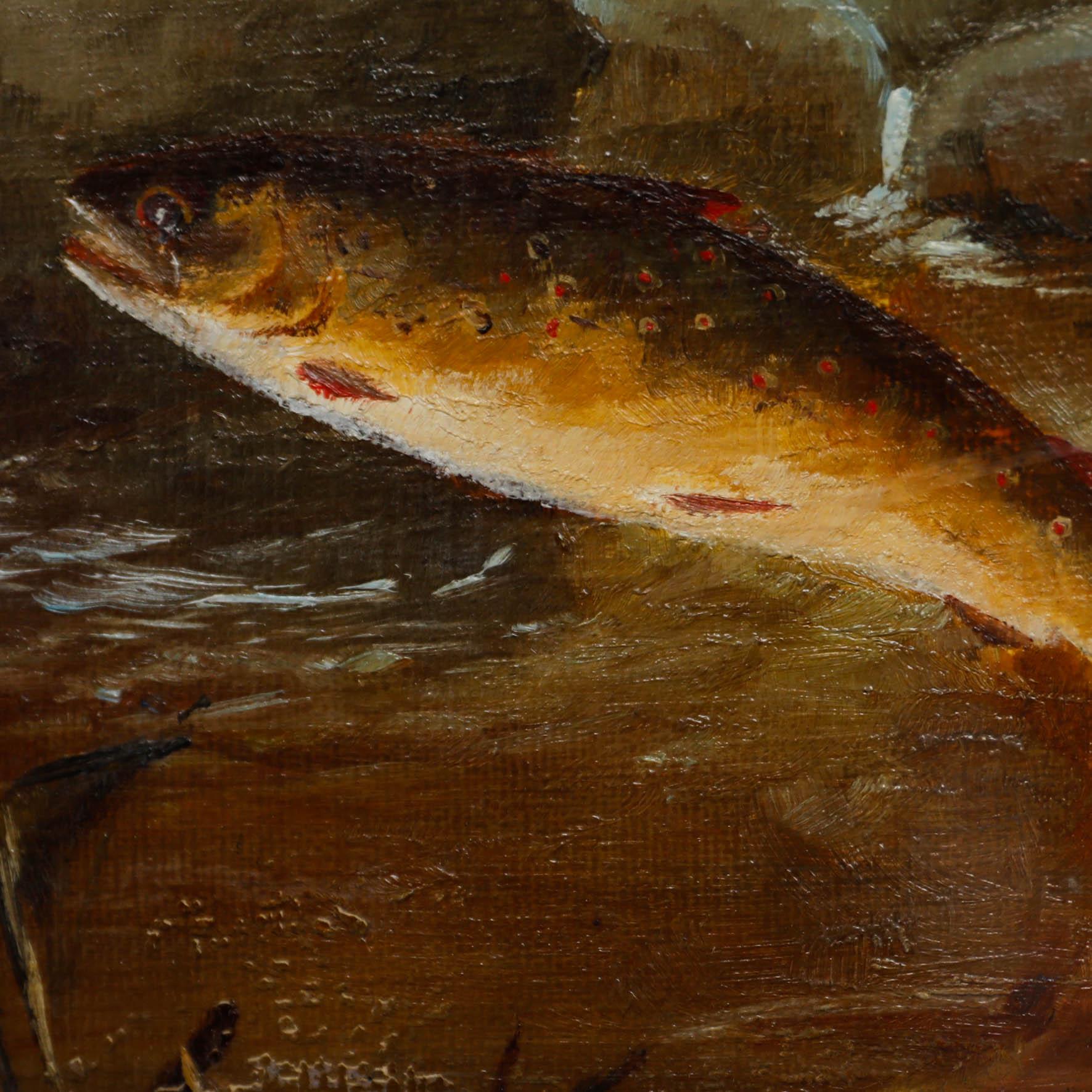 Maniera di Arthur Knight - Olio d'arte popolare dei primi del Novecento, trota bruna 1