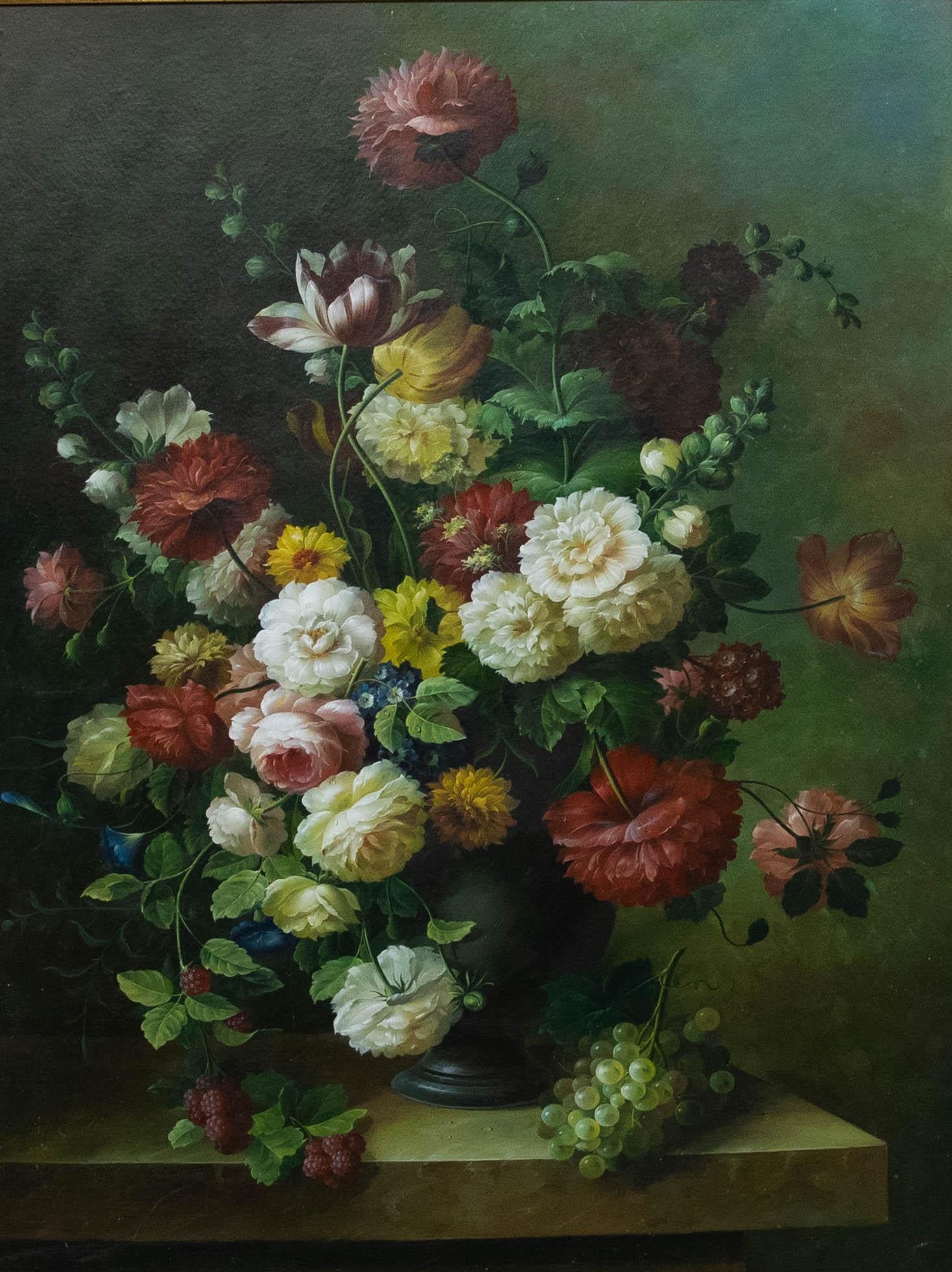 Manner of Cecil Kennedy - Framed Contemporary Oil, Flowers & Fruit in a Vase - Painting by Unknown