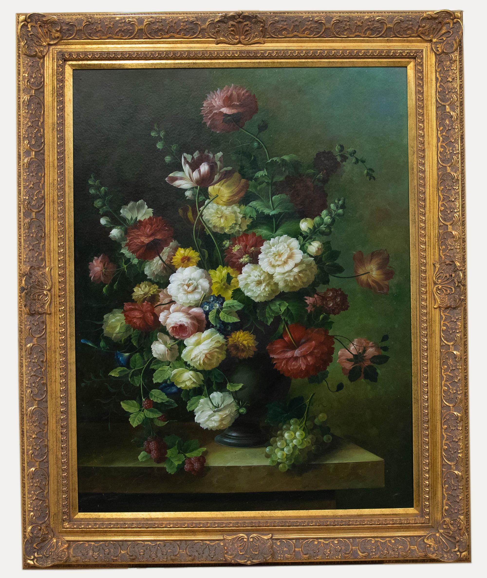 Unknown Still-Life Painting – Manner of Cecil Kennedy - Gerahmtes zeitgenössisches Öl, Blumen und Früchte in einer Vase