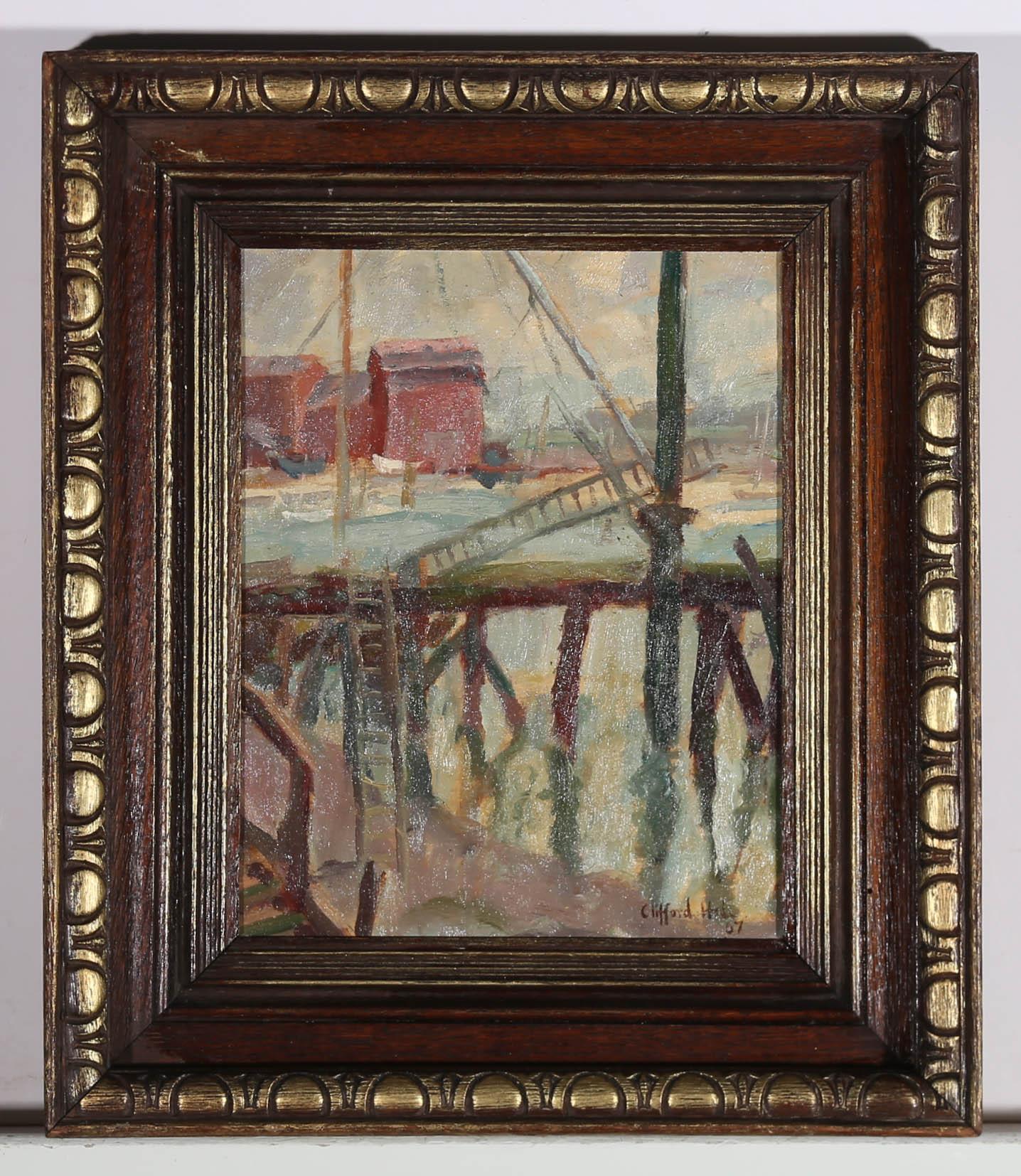 Maniera di Clifford Hall ROI (1904-1973) - Olio incorniciato del 1967, Docklands di Londra - Figurative Painting Nero di Unknown