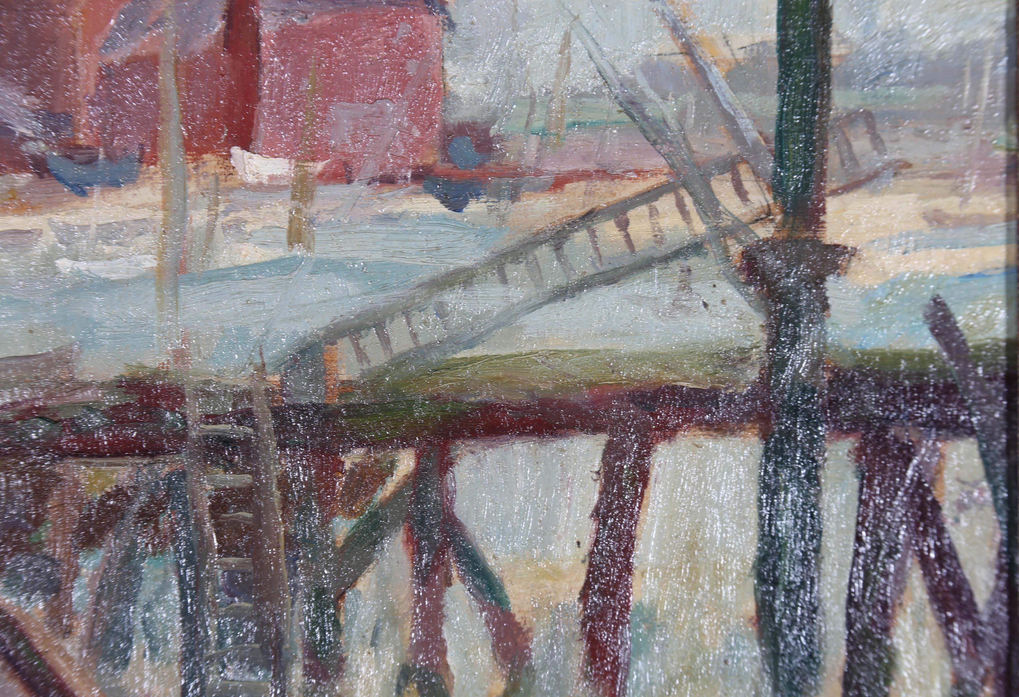 Maniera di Clifford Hall ROI (1904-1973) - Olio incorniciato del 1967, Docklands di Londra in vendita 1