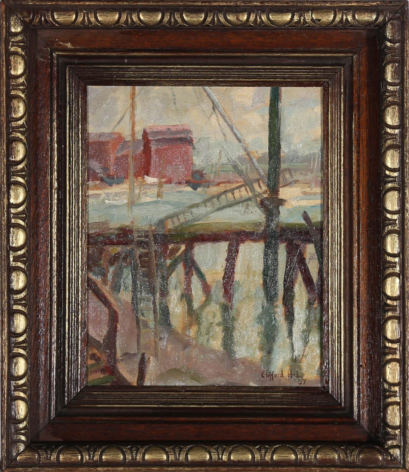 Figurative Painting di Unknown - Maniera di Clifford Hall ROI (1904-1973) - Olio incorniciato del 1967, Docklands di Londra