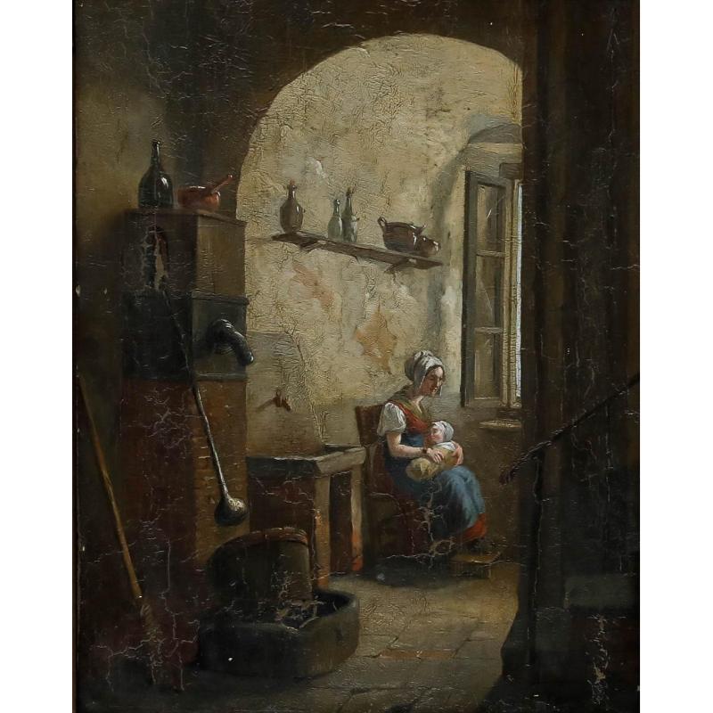 Manier von Constantinus F. Coene (1779-1841) - 1827 Öl, Krankenpflege in der Speisekammer – Painting von Unknown