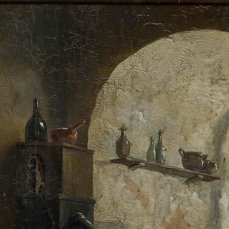 Eine Mutter stillt ihr Baby in einer rustikalen Speisekammer, die durch ein offenes Fenster mit natürlichem Licht beleuchtet wird. Trägt die Signatur 'C. Coene