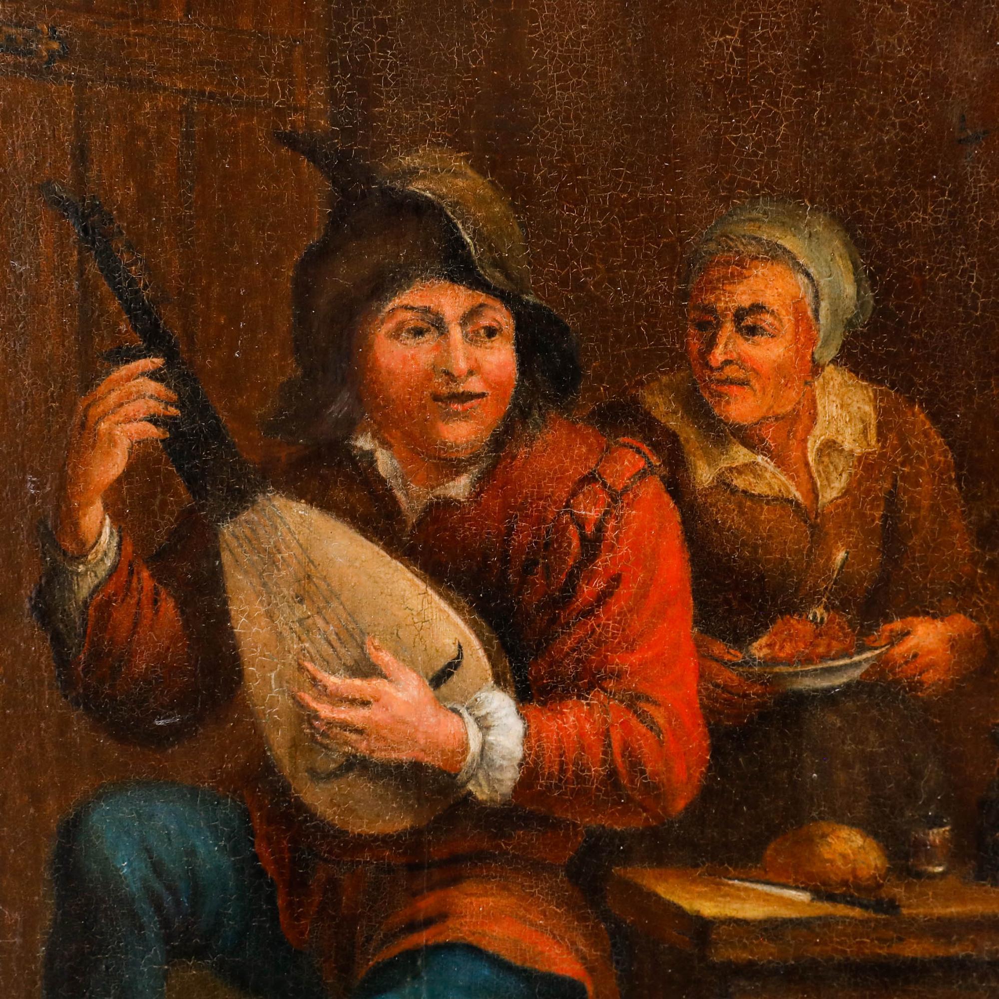 A charming late 19th century genre scene reminiscent of the 17th century Dutch tavern painting tradition, depicting a gentleman gleefully playing the lute, whilst an elderly lady prepares food behind him. Signed indistinctly to the lower right.