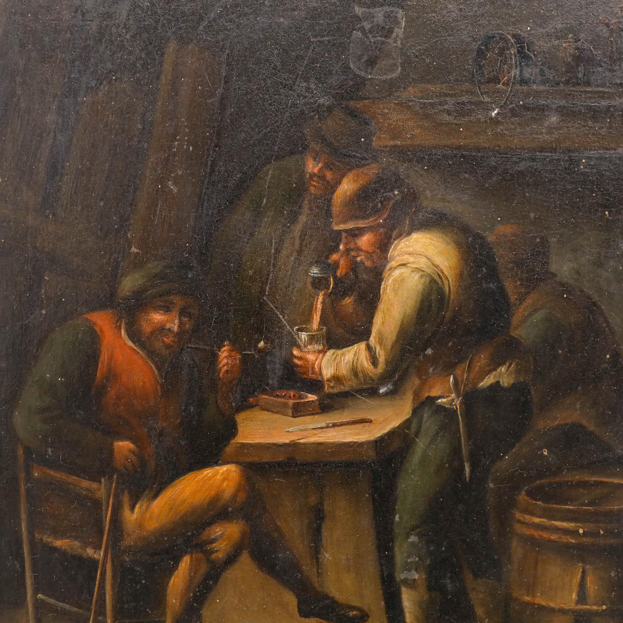 This intimate genre scene depicts figures gathered around a table in a dimly lit tavern interior, rendered in the characteristic warm earth tones and dramatic chiaroscuro lighting typical of Dutch genre painting. The composition centres on the