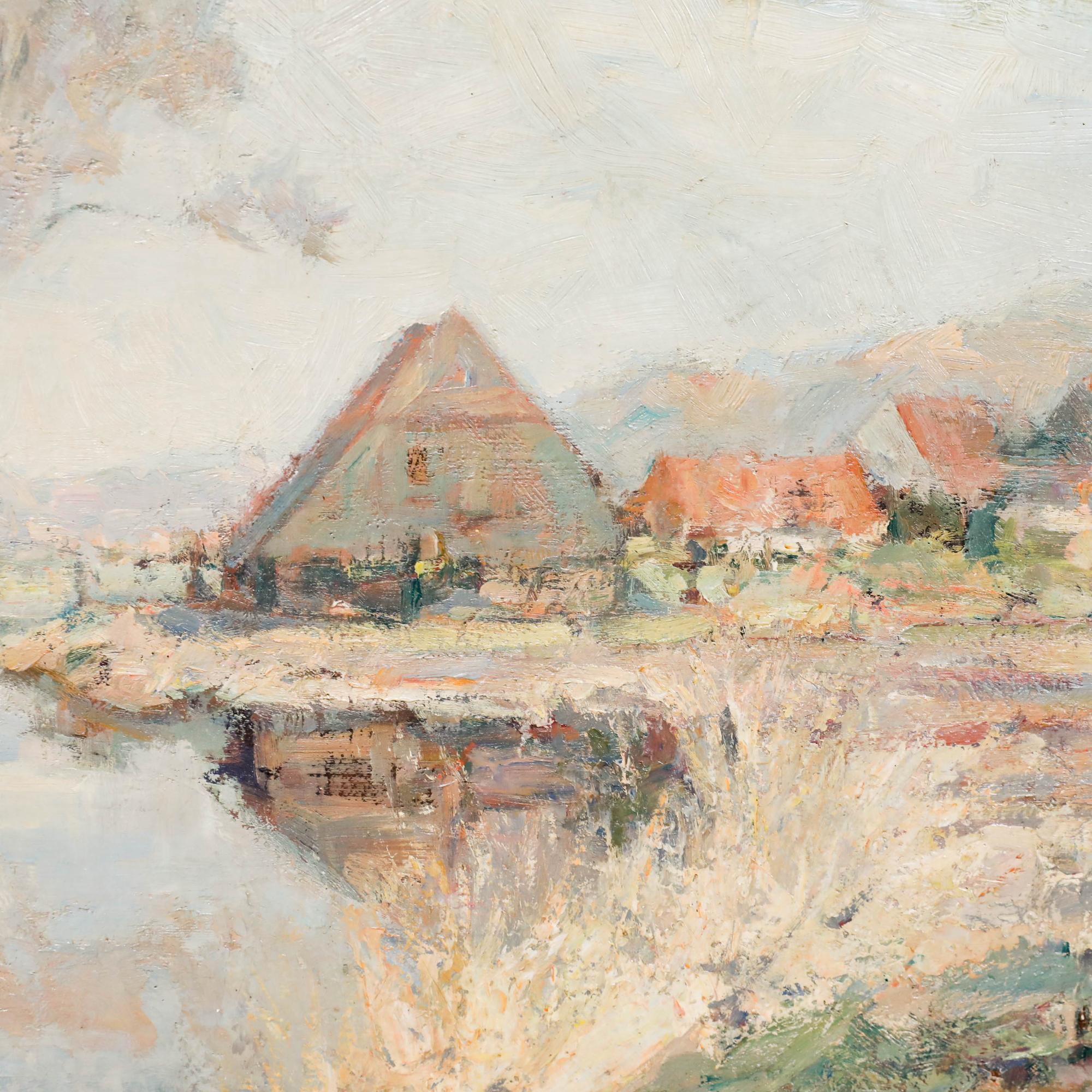 This evocative landscape painting captures a serene rural river scene, with a winding river reflecting the muted tones of a cloudy sky and bare trees lining its banks. The composition draws the eye from the foreground water towards a rustic barn and