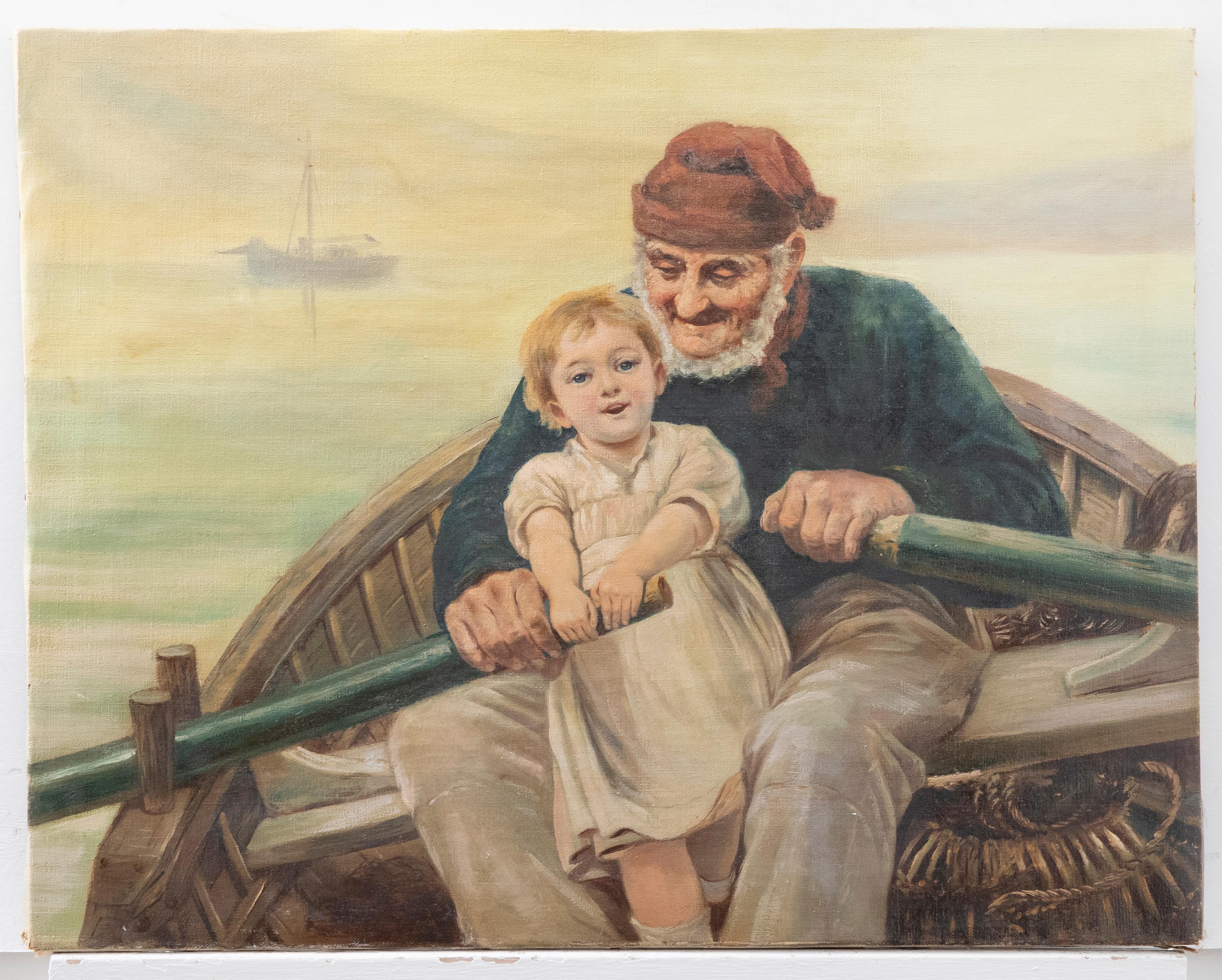 Manner of Emile Renouf  - Early 20th Century Oil, Rowing Lessons For Sale 1
