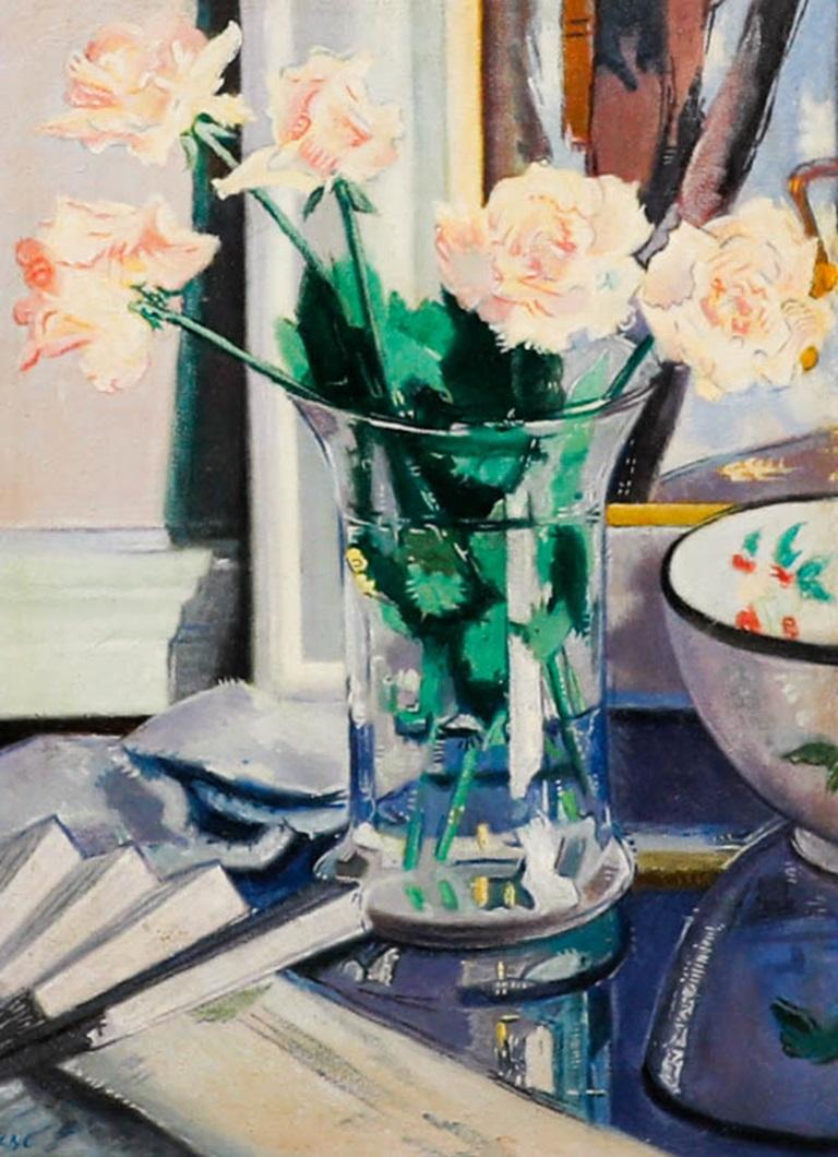 Manner of Francis Cadell RSA- Framed Contemporary Oil, Still Life of Blush Roses - Painting by Unknown