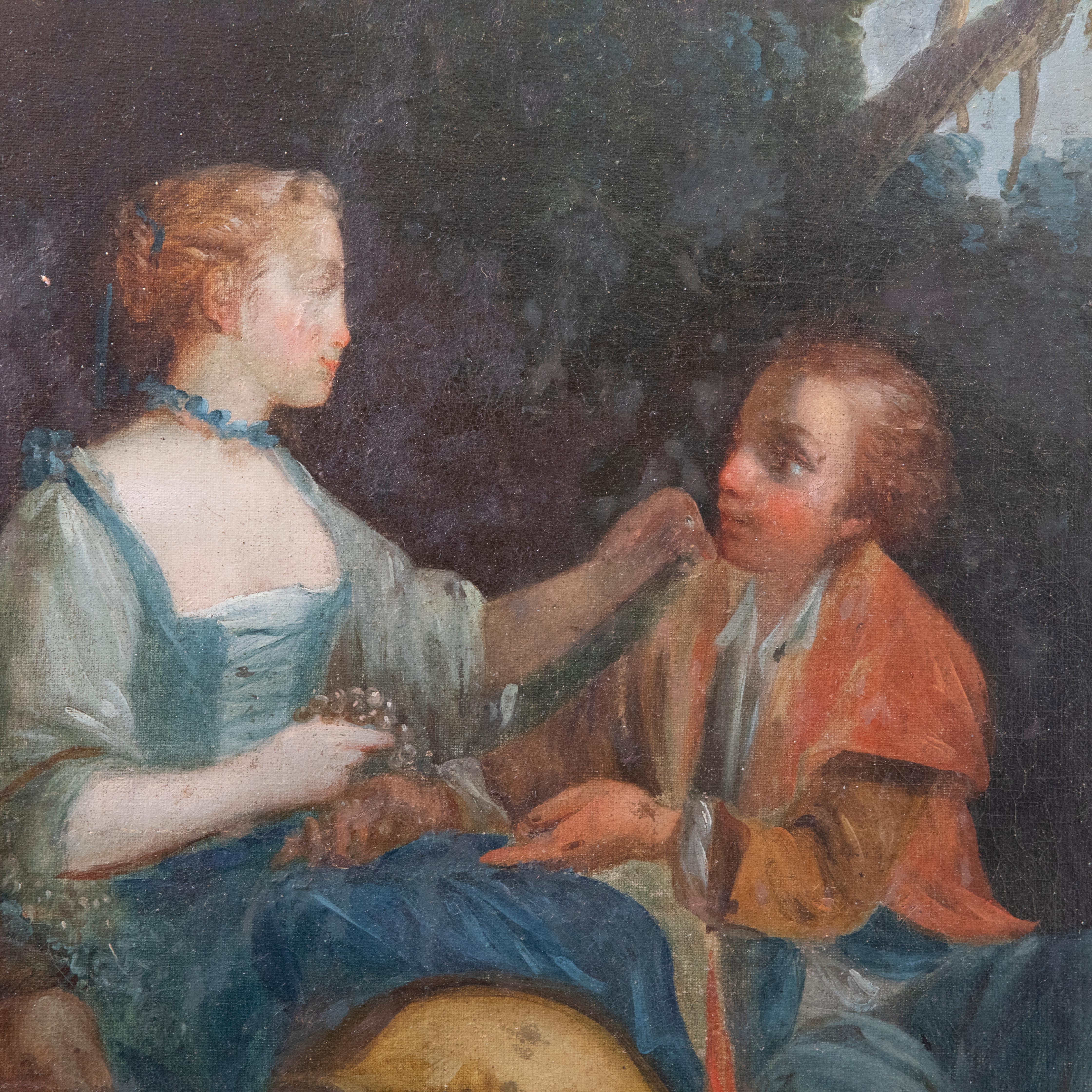 A romantic oil study depicting a couple resting on a woodland floor feeding each other fruit. The scene appears to be a play on the Four Seasons series by FranÃ§ois Boucher where the artist follows a couple in a romantic style throughout the seasons