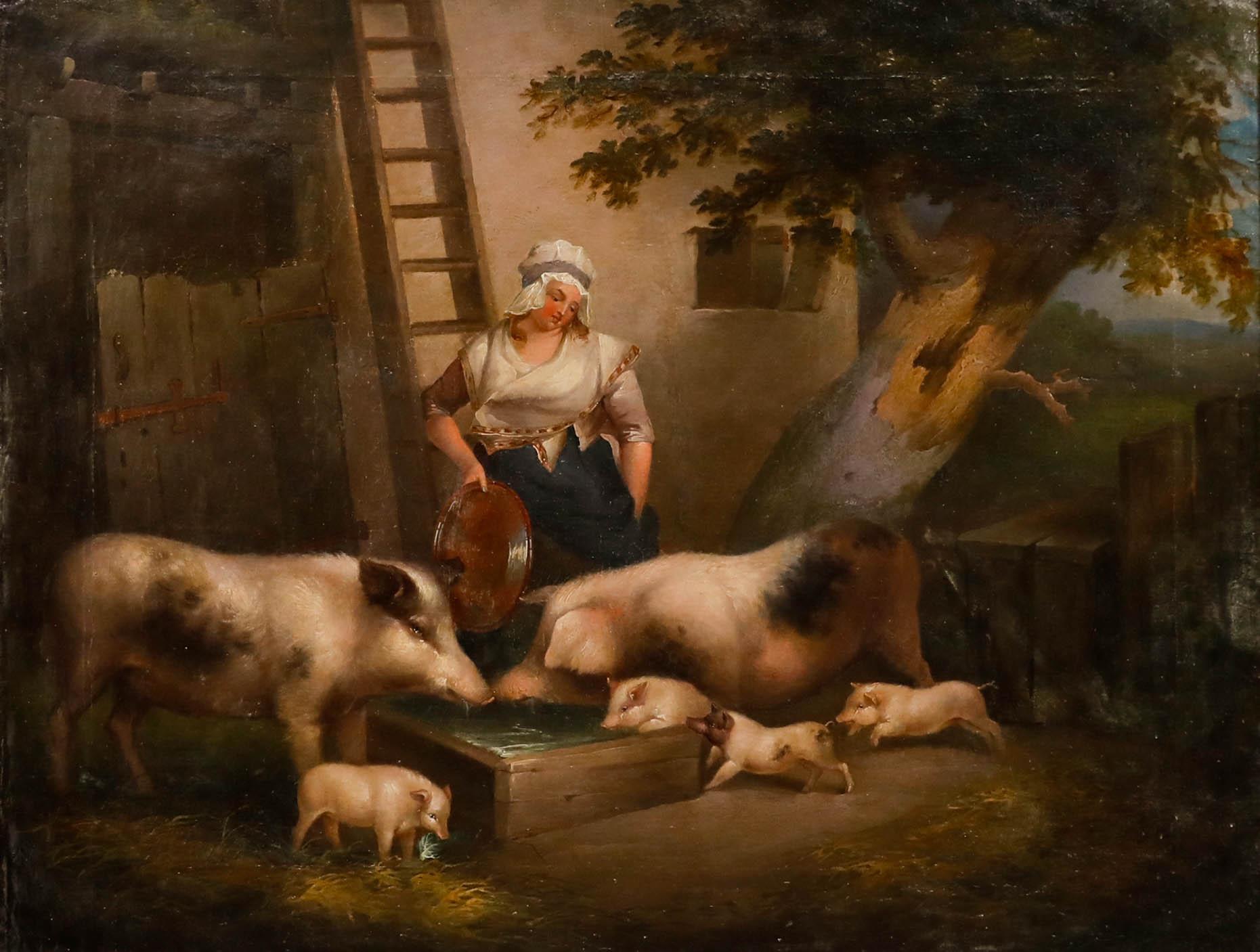 Manner of George Morland - Framed 19th Century Oil, Pigs at a Trough - Painting by Unknown