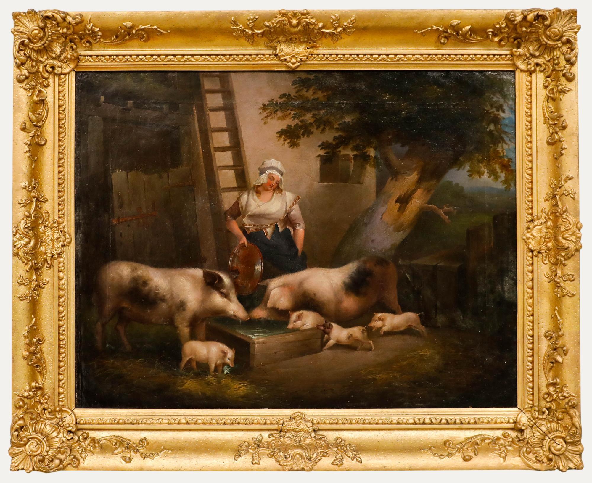 Unknown Figurative Painting - Manner of George Morland - Framed 19th Century Oil, Pigs at a Trough