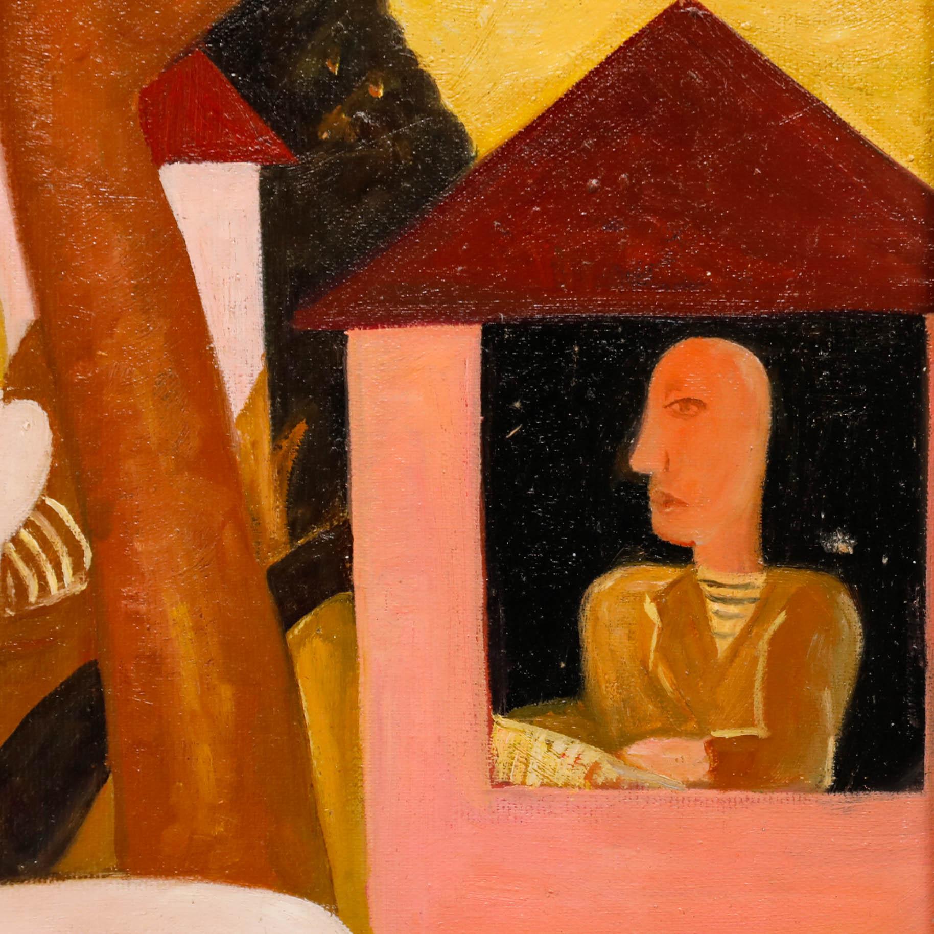 This modernist painting features a stylised nude figure in the foreground, set against a backdrop of geometric continental buildings and abstract forms. The composition employs bold colours and simplified shapes, creating a dreamlike atmosphere that