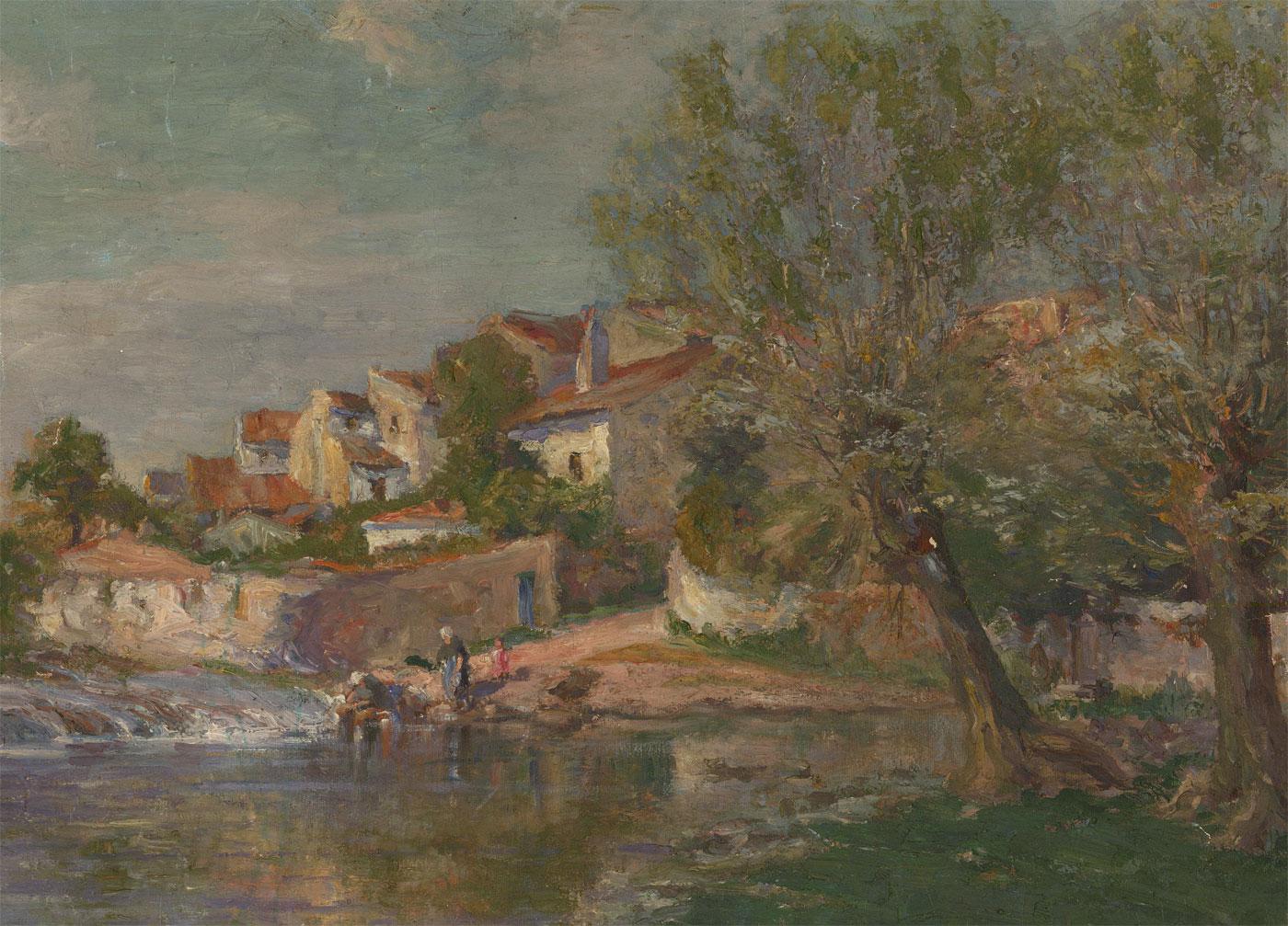 Unknown Landscape Painting - Manner of J. Falconer Slater (1857-1937) Oil, Laundry Day On The River