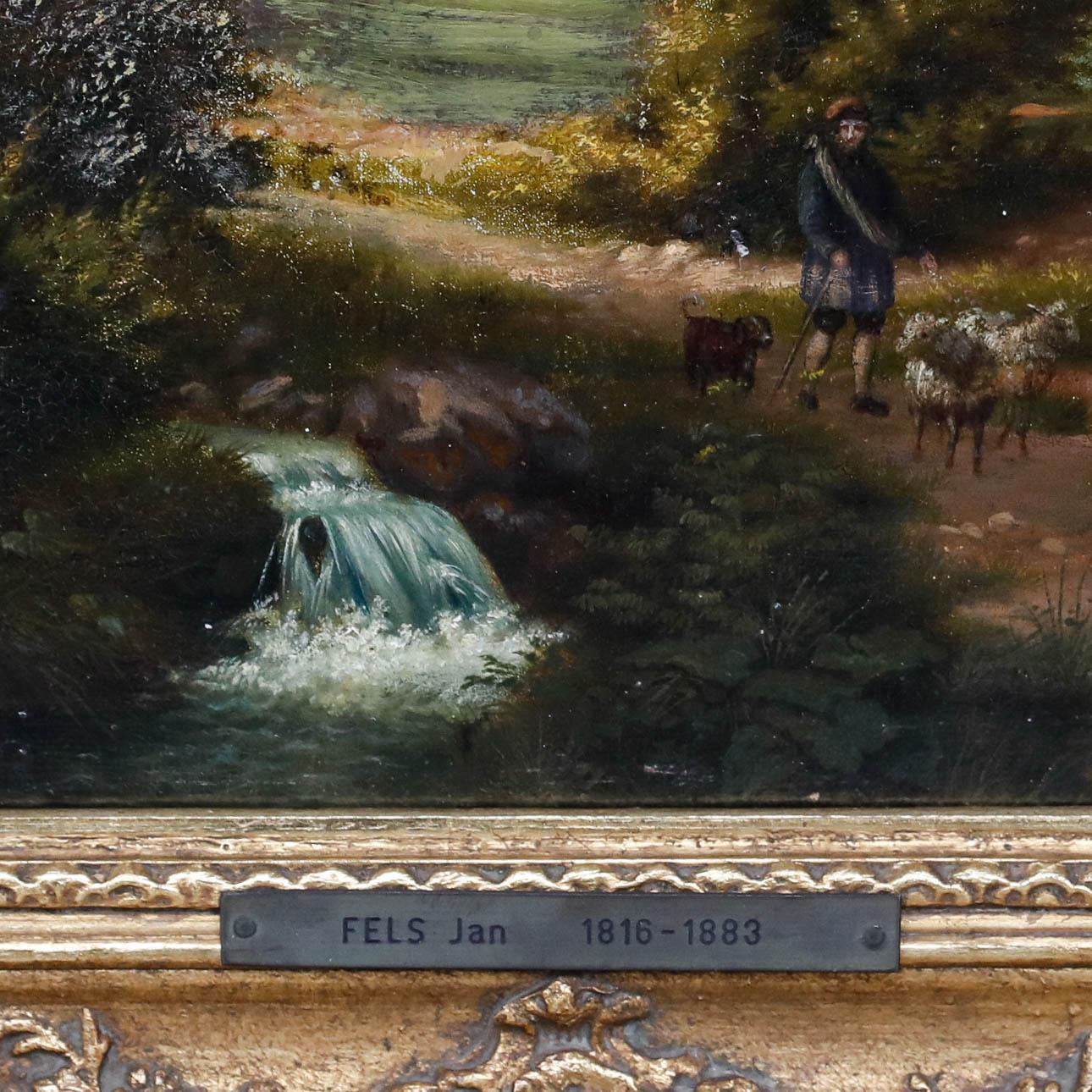 Ein Schäfer und sein Hund führen zwei Schafe durch eine in goldenes Abendlicht getauchte Hirtenlandschaft. Sie führen zwischen einem Schrein und einem kleinen Wasserfall auf beiden Seiten des Weges hindurch. Bären Signatur auf der unteren linken und