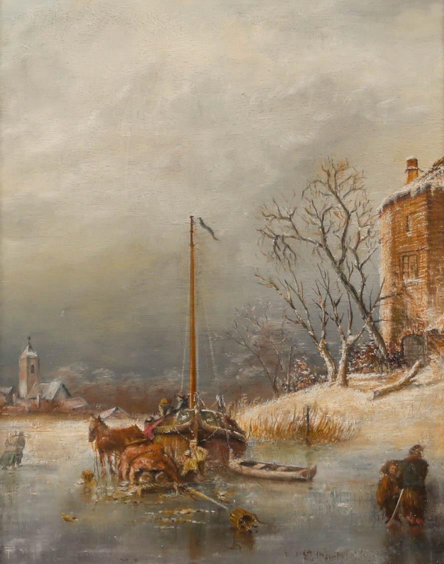 Maniero di Jan Jacob Spohler - Olio dei primi del Novecento, Barca sul lago ghiacciato - Painting di Unknown