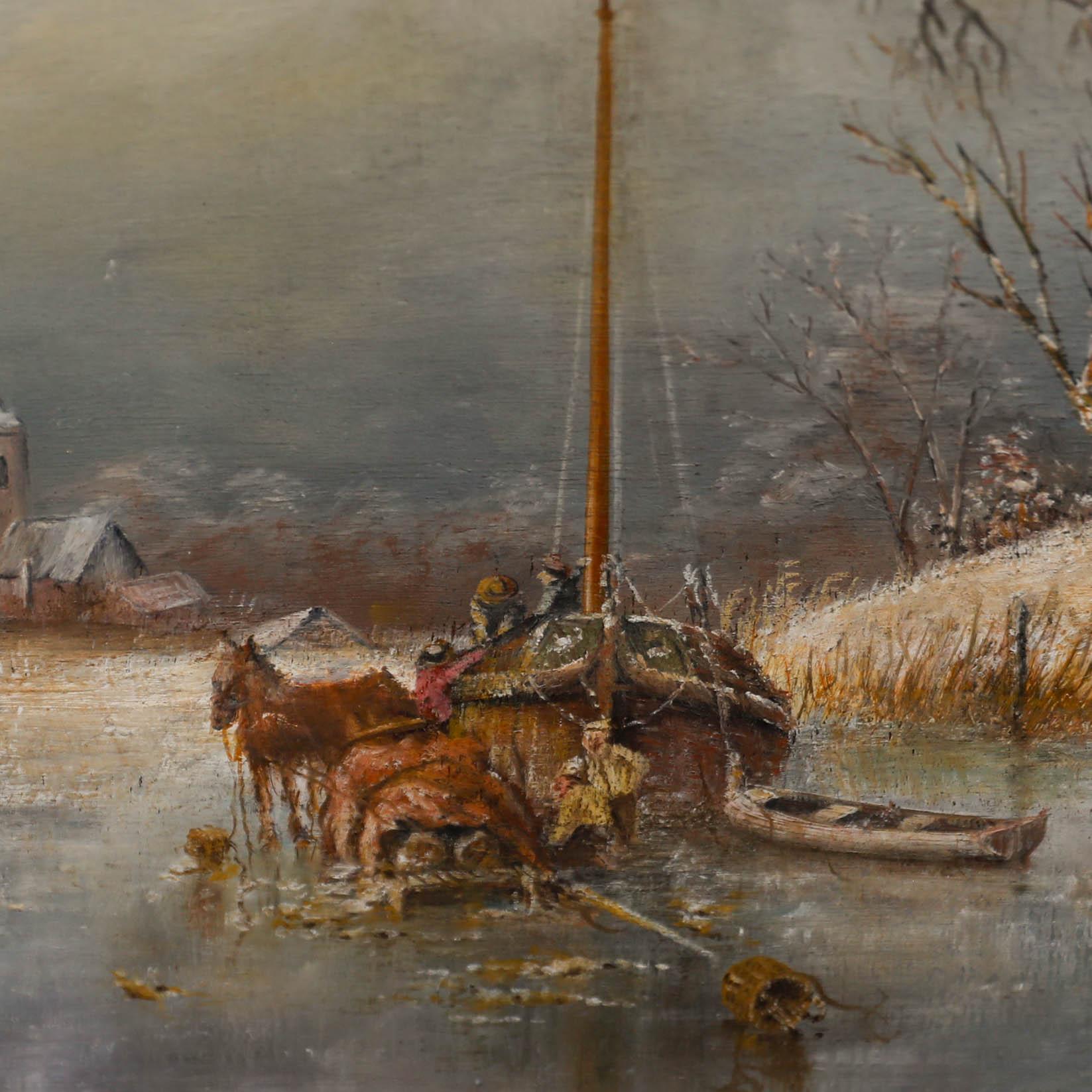 Maniero di Jan Jacob Spohler - Olio dei primi del Novecento, Barca sul lago ghiacciato 1
