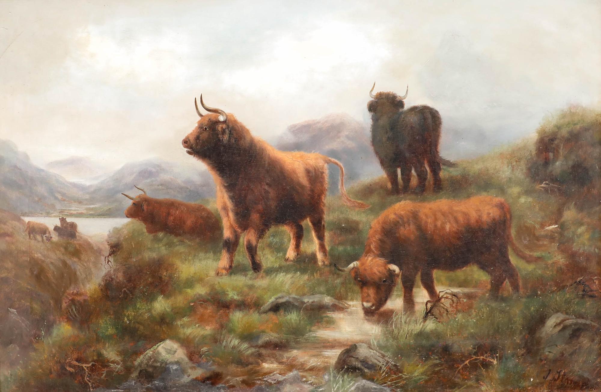 Manner of John Shirley Fox - Early 20th Century Oil, Cattle in the Highlands - Painting by Unknown