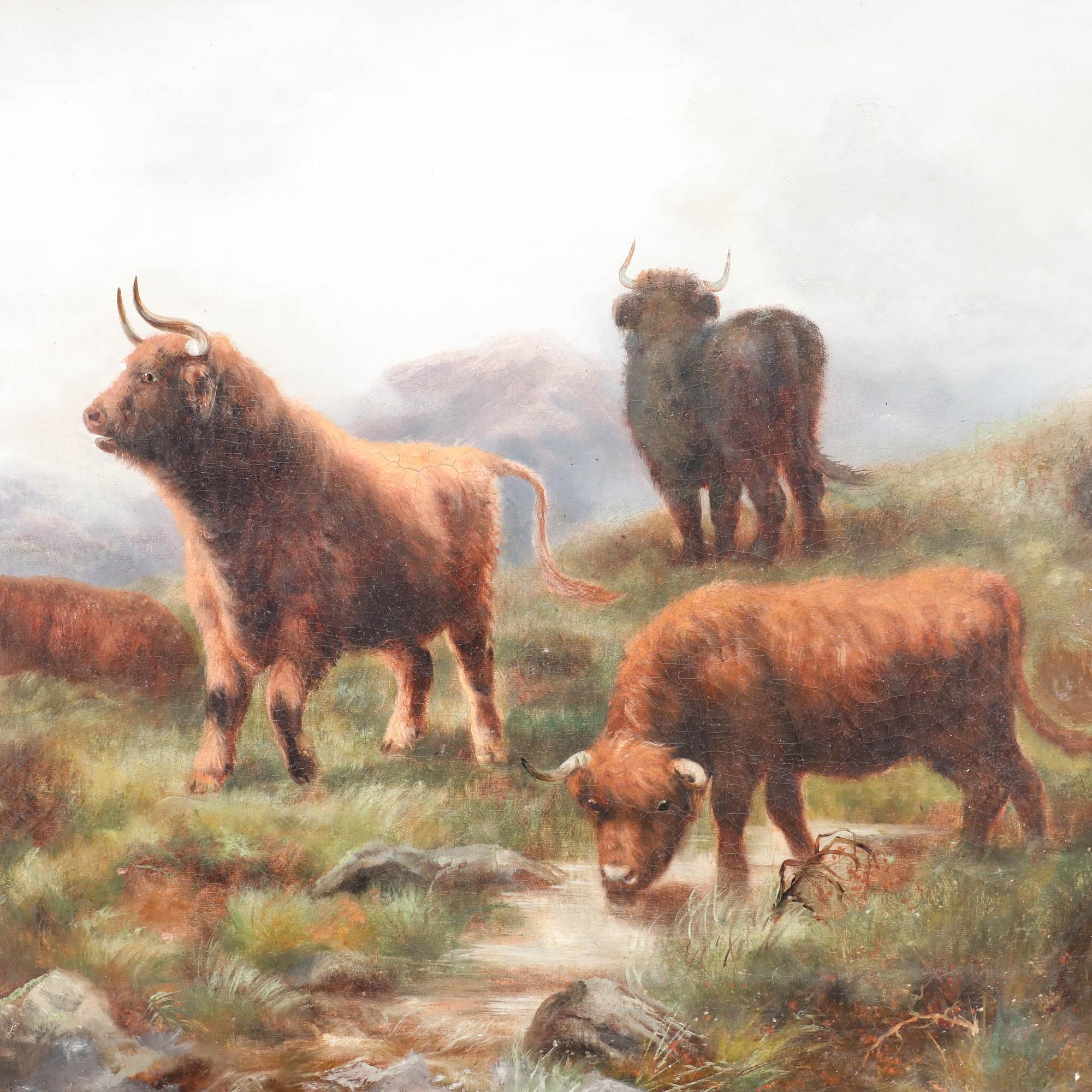 A dramatic pastoral landscape depicting Highland cattle grazing near a mountain loch. Painted in the manner of John Shirley Fox. Well presented in an elegant gilt and swept frame with floral and acanthus ornamentation to the profile. Indistinctly