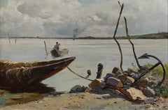 Manera de Josef Wopfner - Óleo de principios del siglo XX, El barco anclado
