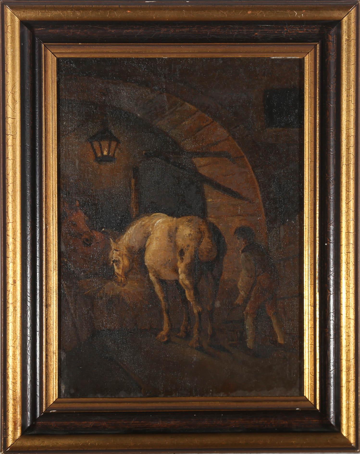 Unknown Figurative Painting - Manner of Joseph Wright ARA (1734–1797) - 19thC Oil, Evening In The Stables