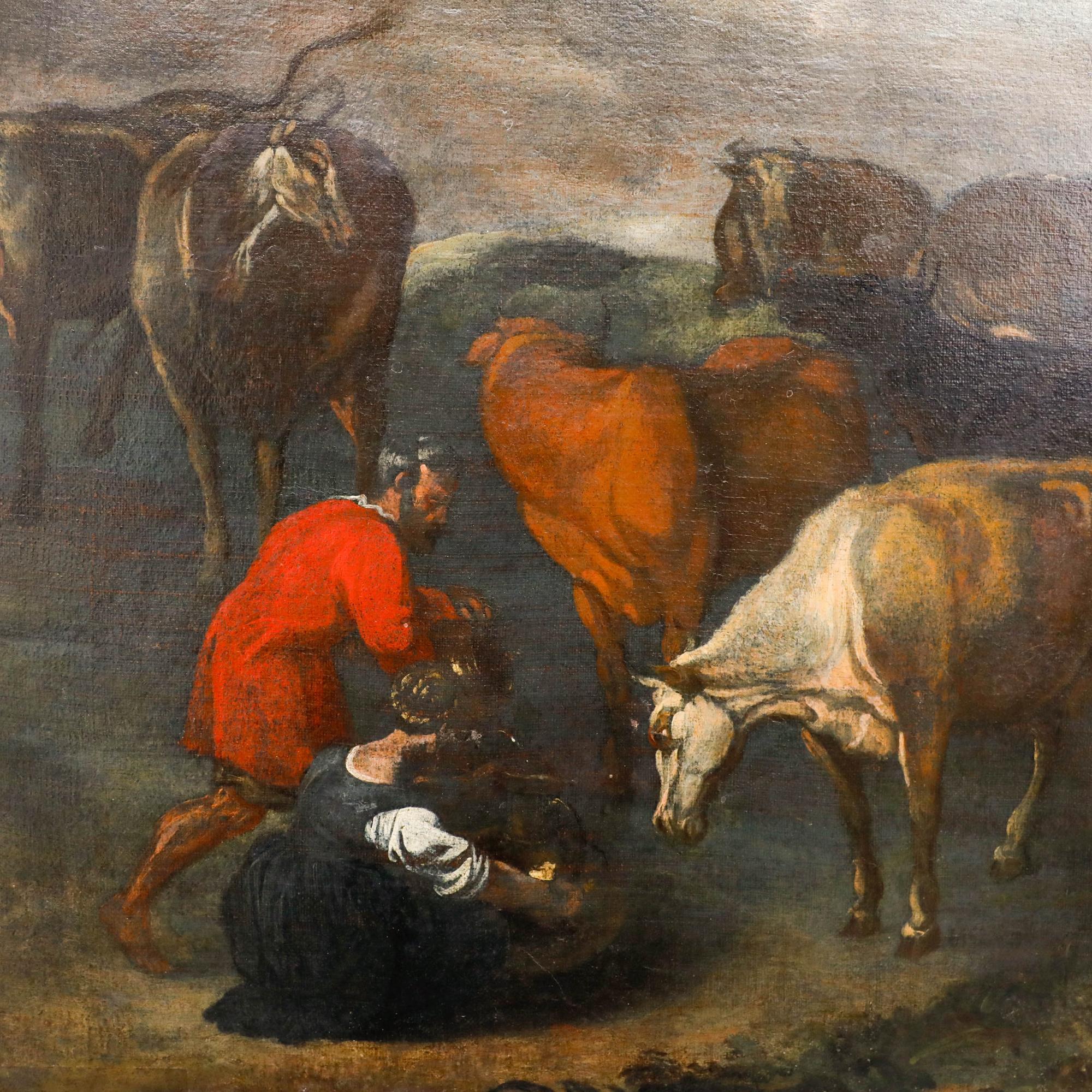 In dieser großen Öllandschaft kümmern sich mehrere Figuren um eine Rinderherde. Obwohl das Kunstwerk unsigniert ist, erinnert es in Thema und Komposition an niederländische Künstler des Goldenen Zeitalters wie Karel Dujardin, Paulus Potter oder