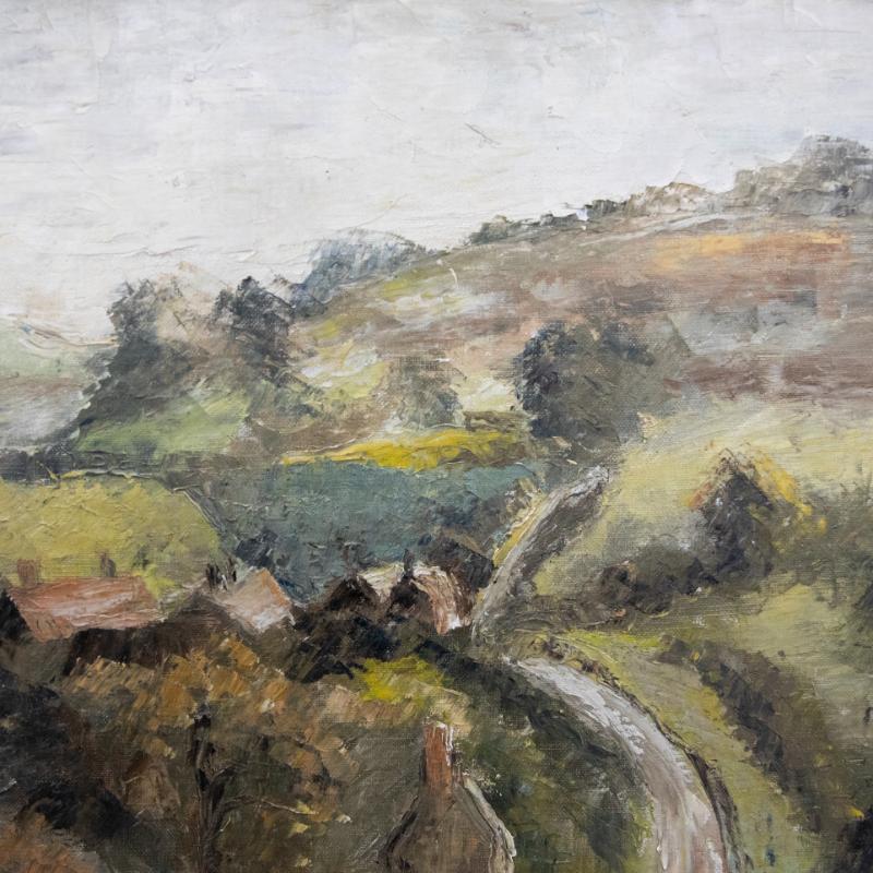 Eine ausdrucksstarke und malerische Studie einer Tallandschaft, eingefangen in der Art des walisischen Künstlers Kyffin Williams. Attraktiv präsentiert in einem vergoldeten Rahmen mit einem weißen Innenfenster. Nicht signiert. Auf Leinwand auf