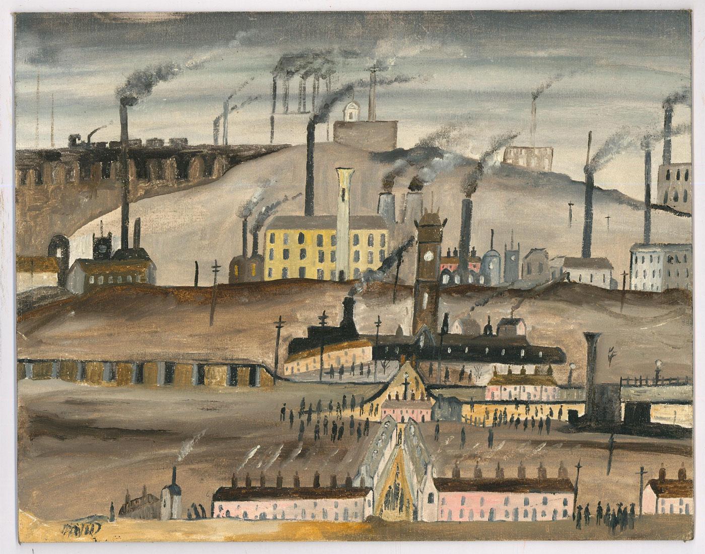 Maniero di L.S. Lowry  - Olio del XX secolo, Paesaggio industriale - Painting di Unknown