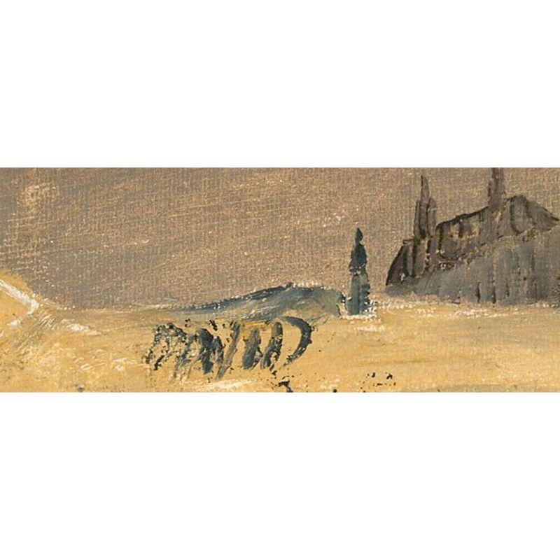 Un affascinante studio nello stile di L.S. Lowry che raffigura figure che escono da edifici industriali. Il vapore sale dalle fabbriche verso il cielo grigio, gettando una nebbia sulla scena. Firmato in modo illeggibile in basso a destra. Su tavola
