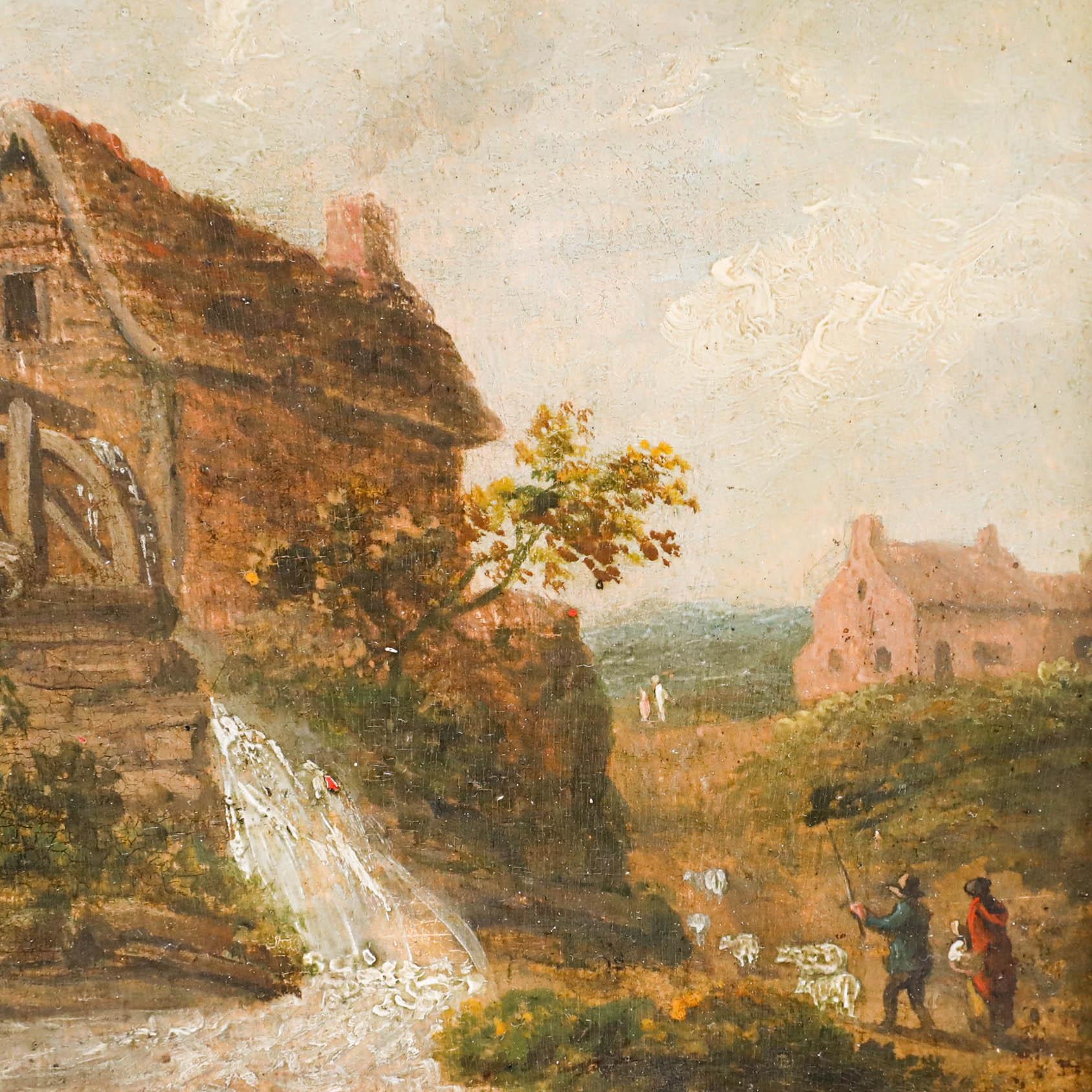 This pastoral landscape painting depicts a rustic watermill beside a flowing stream, with the wooden structure's weathered facade nestled among greenery and trees. The composition features warm earth tones and soft, diffused lighting that captures a