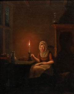 Obra de Petrus van Schendel (1806-1870) - Óleo, «Cosiendo a la luz de una vela»
