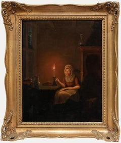 Obra de Petrus van Schendel (1806-1870) - Óleo, «Cosiendo a la luz de una vela»